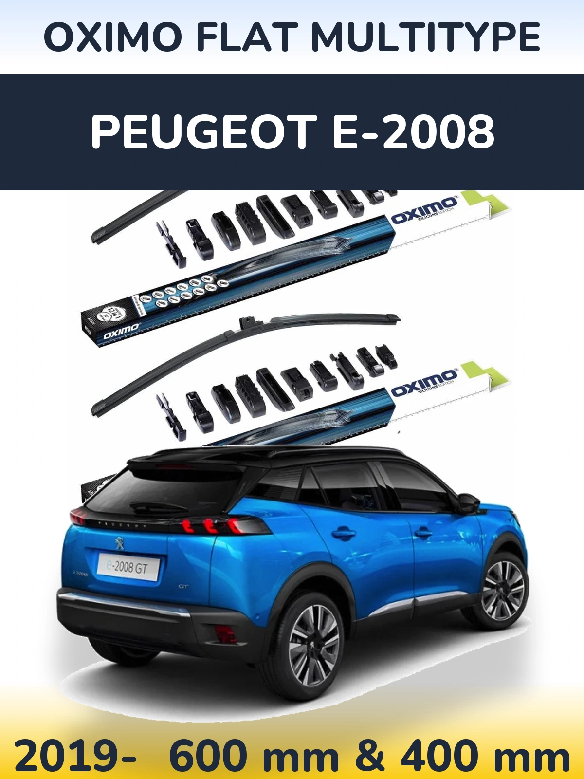 Front wiper blade set Oximo Flat MultiTypee 600 & 400 mm for Peugeot e-2008 2019-2026