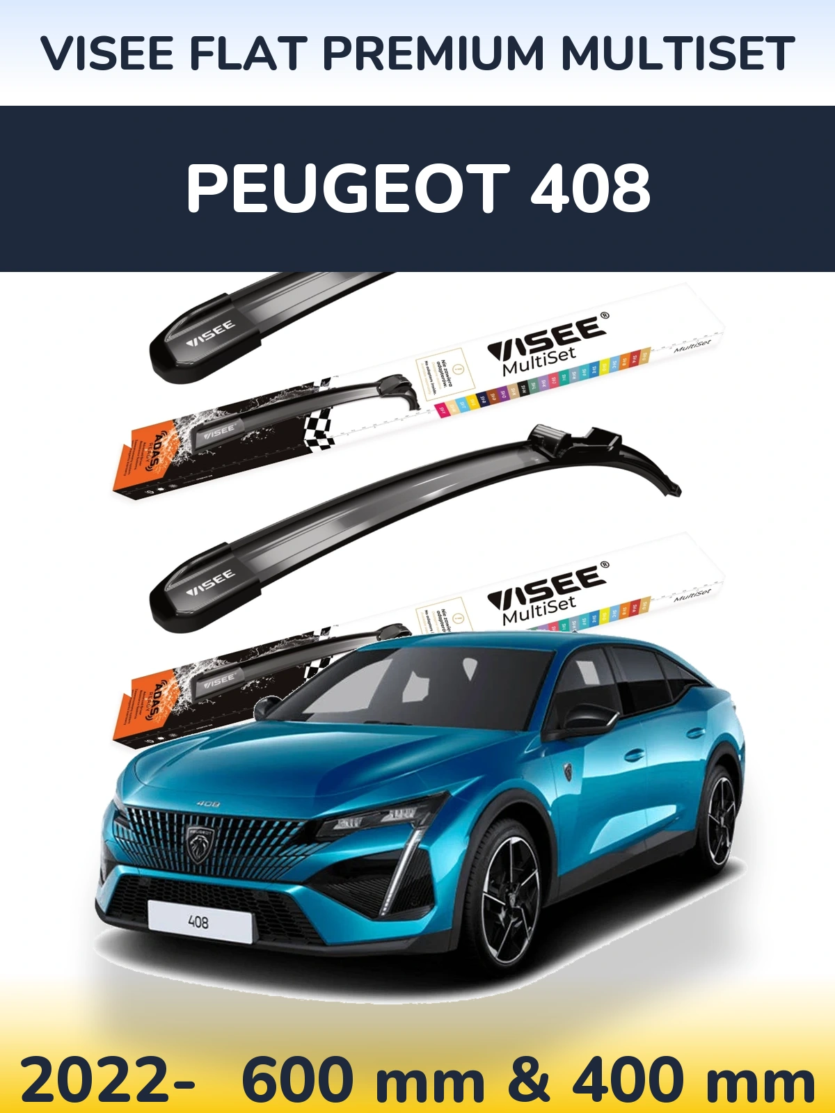 Комплект передних дворников VISEE FLAT PREMIUM MultiSet 600 & 400 мм для Peugeot 408 2022-2026