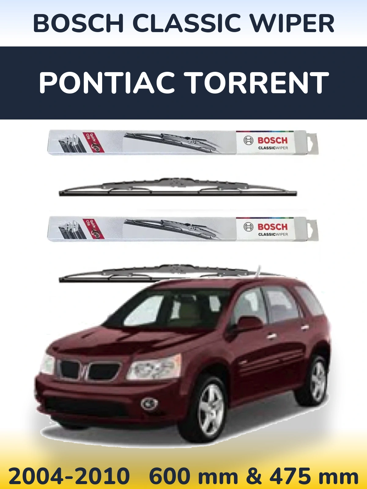 Front wiper blade set BOSCH Classic Wiper 600 & 475 mm for Pontiac Torrent 2004-2010
