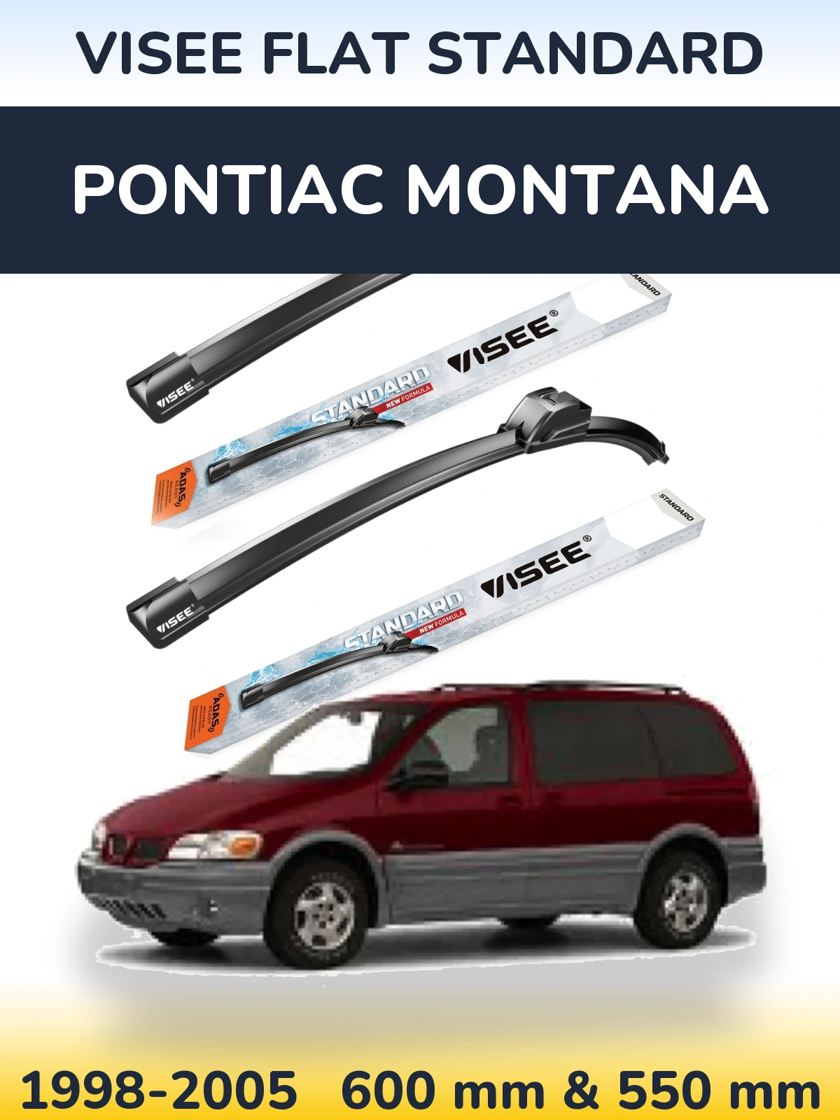 Front wiper blade set VISEE FLAT STANDARD 600 & 550 mm for Pontiac Montana 1998-2005