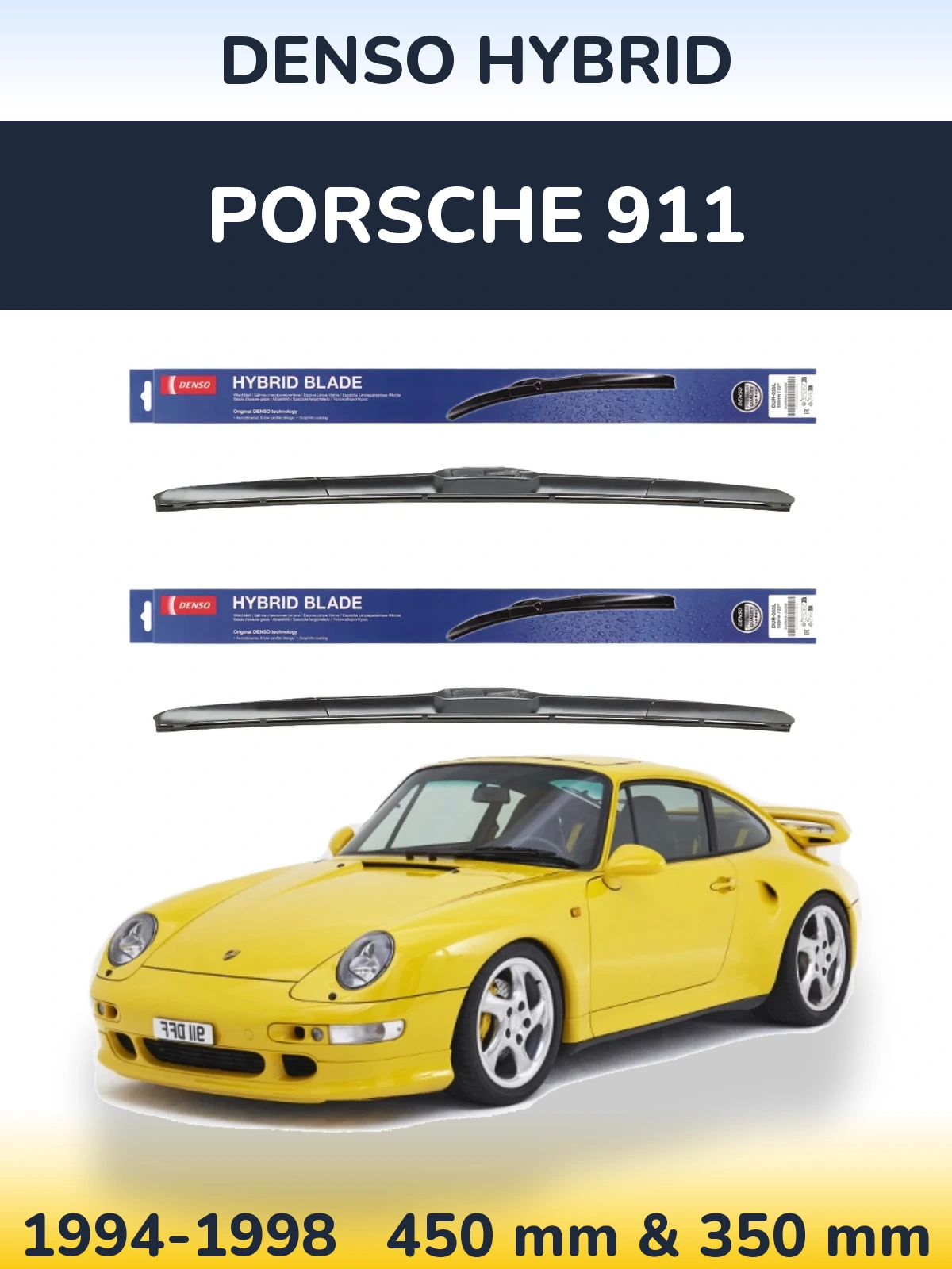 Front wiper blade set Denso Hybrid 450 & 350 mm for Porsche 911 1994-1998