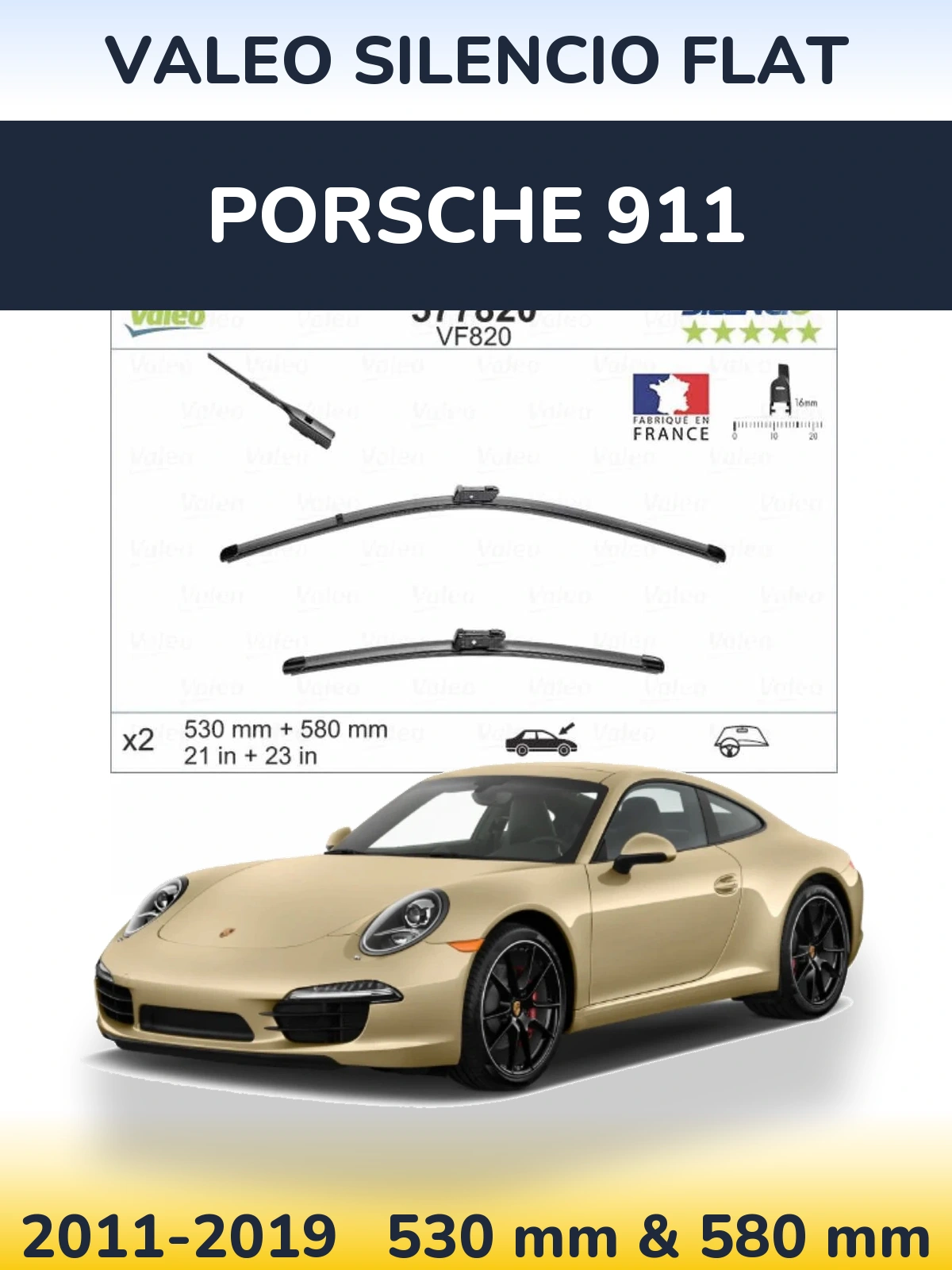 Front wiper blade set Valeo Silencio Flat 530 & 580 mm for Porsche 911 2011-2019