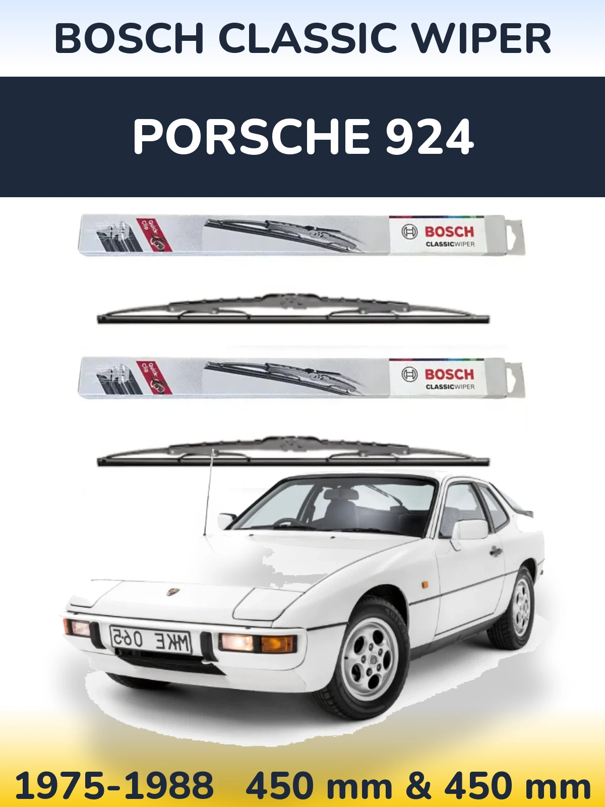 Front wiper blade set BOSCH Classic Wiper 450 & 450 mm for Porsche 924 1975-1988