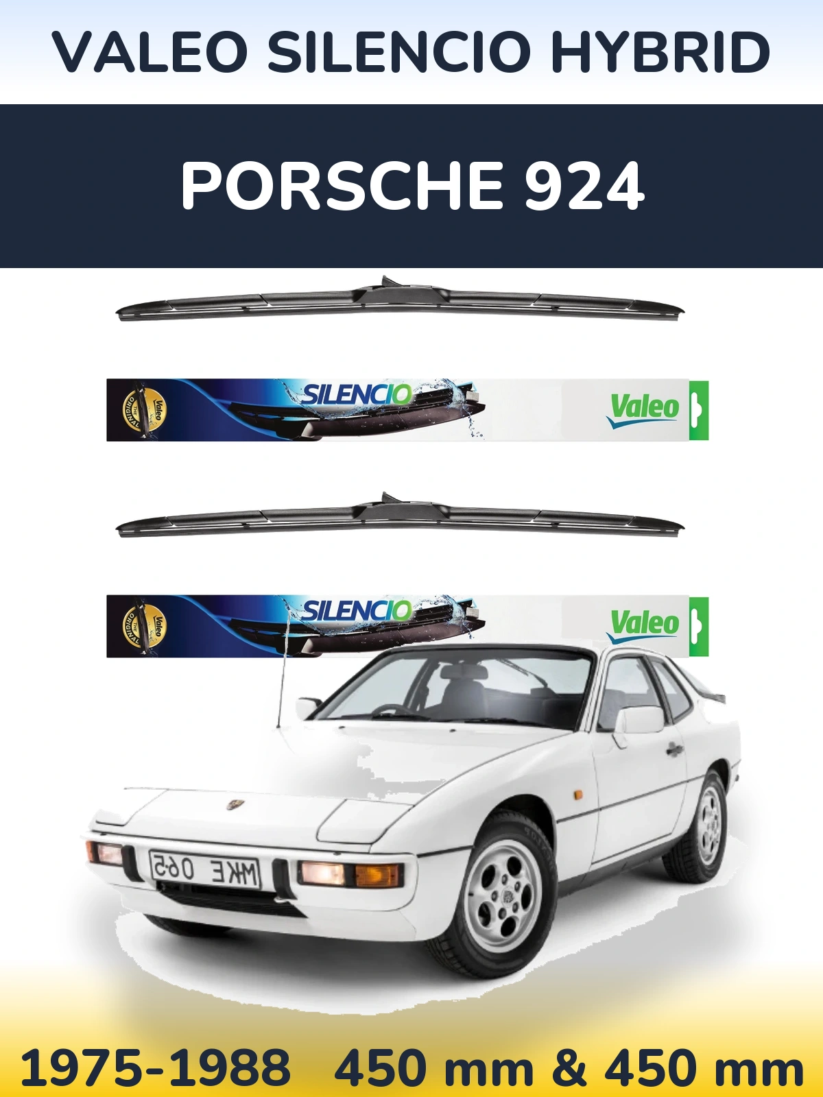 Front wiper blade set Valeo Silencio Hybrid 450 & 450 mm for Porsche 924 1975-1988