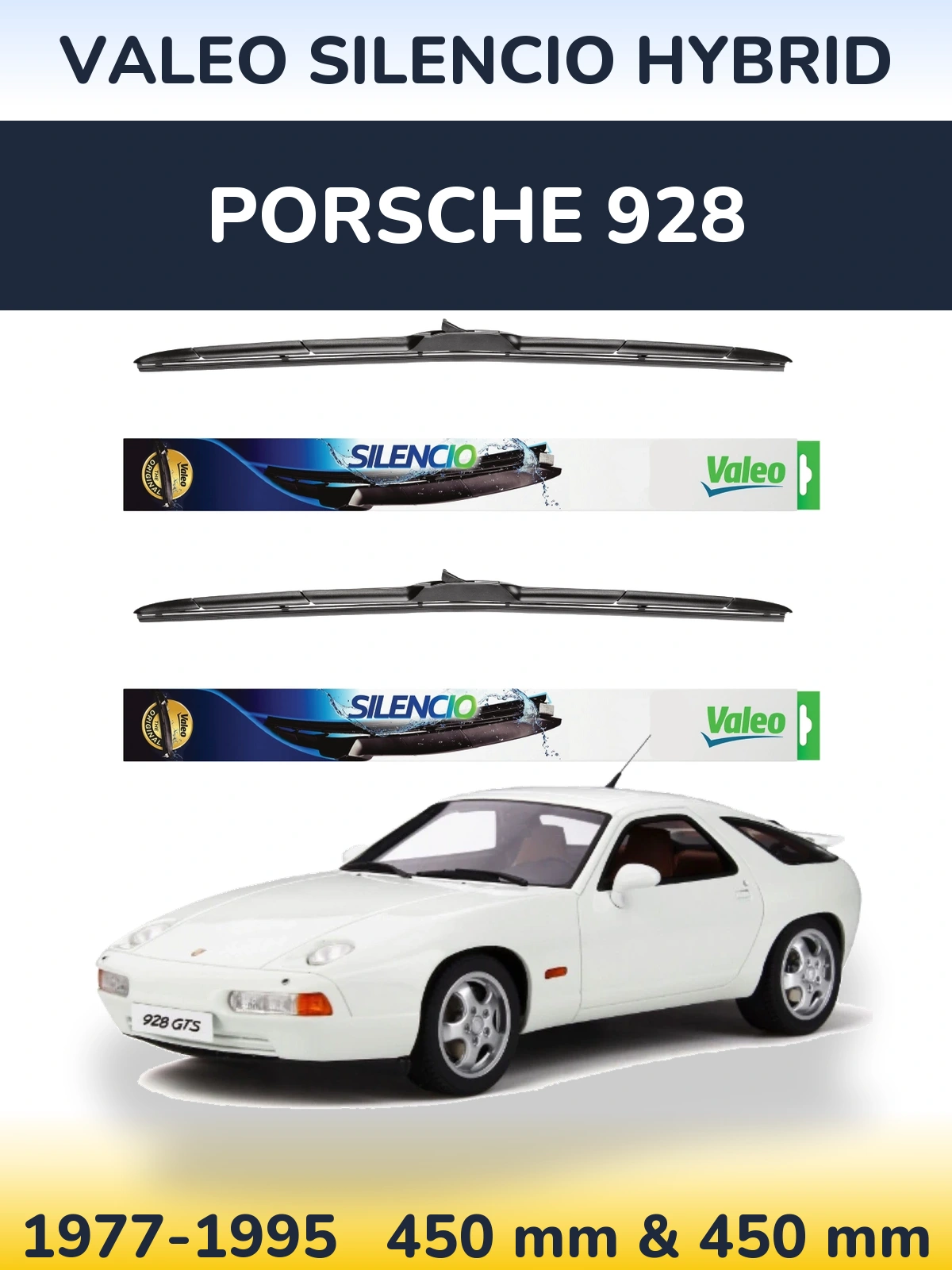 Front wiper blade set Valeo Silencio Hybrid 450 & 450 mm for Porsche 928 1977-1995