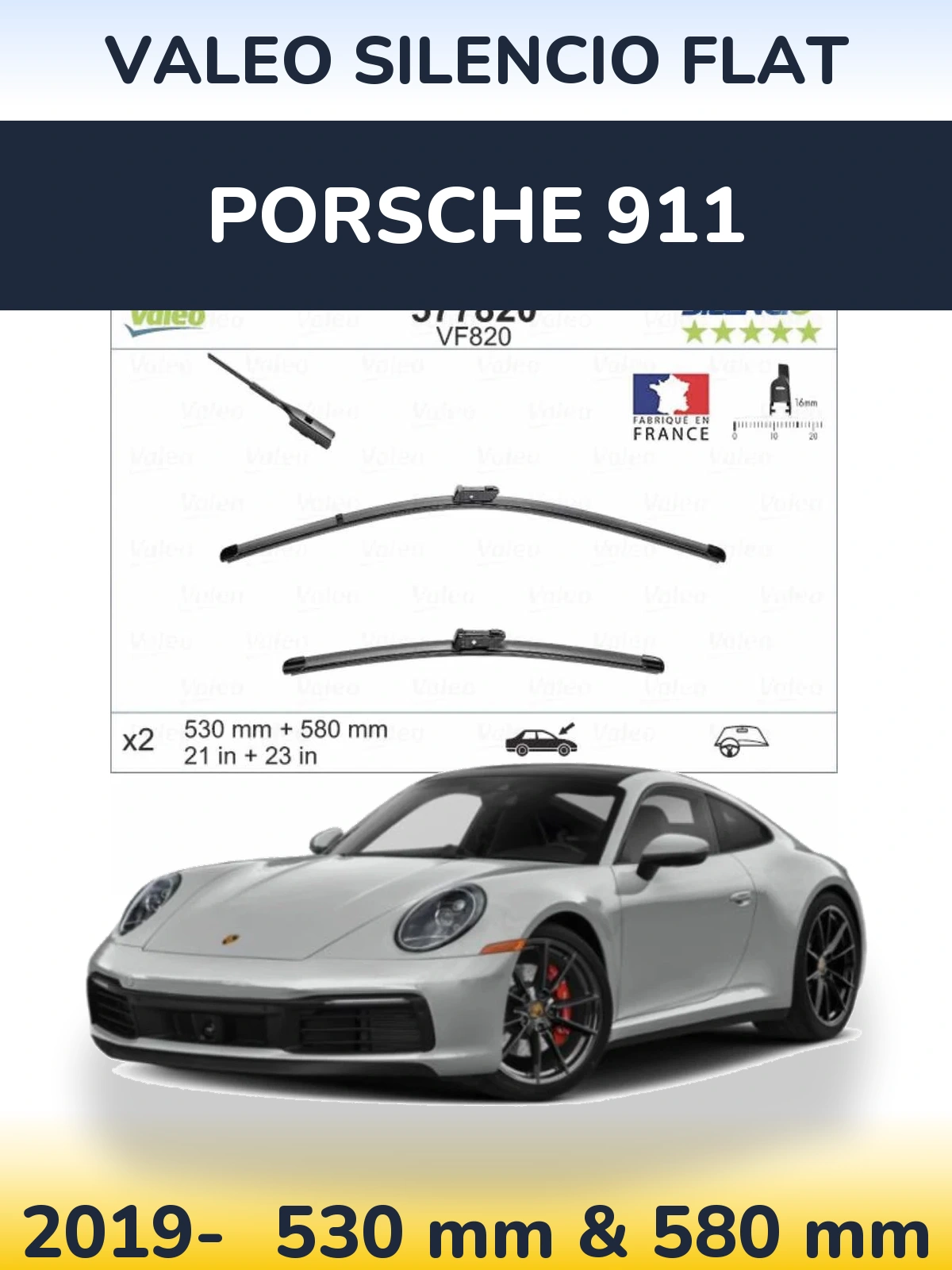 Front wiper blade set Valeo Silencio Flat 530 & 580 mm for Porsche 911 2019-2026