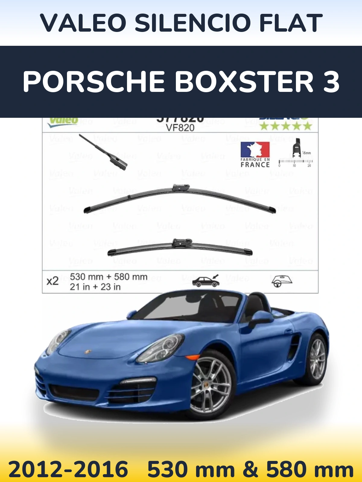 Front wiper blade set Valeo Silencio Flat 530 & 580 mm for Porsche Boxster 3 2012-2016