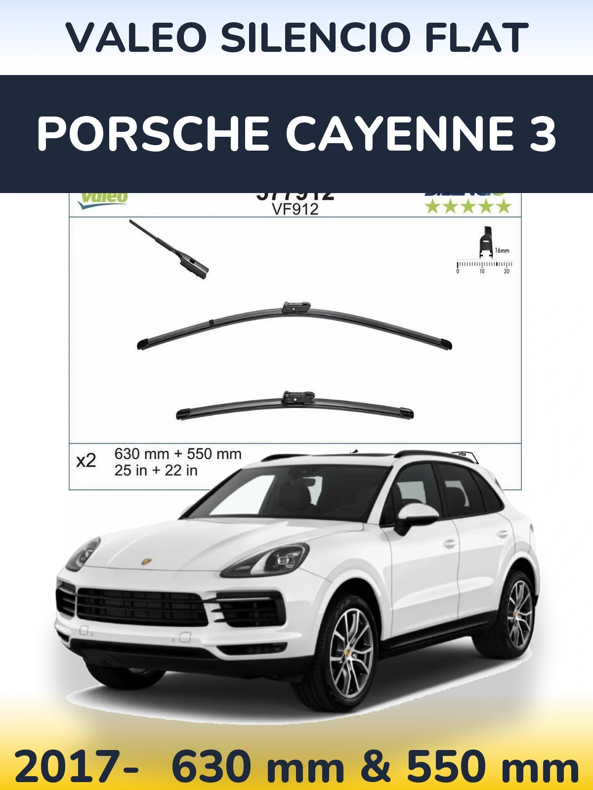 Front wiper blade set Valeo Silencio Flat 630 & 550 mm for Porsche Cayenne 3 2017-2026