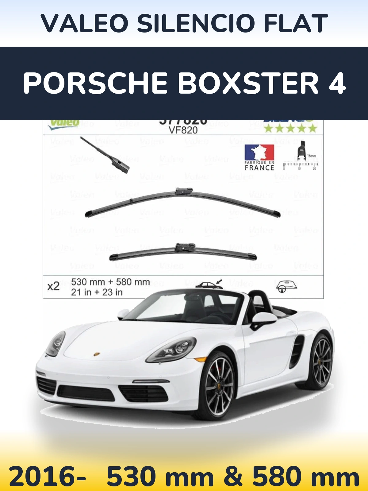 Комплект передних дворников Valeo Silencio Flat 530 & 580 мм для Porsche Boxster 4 2016-2026