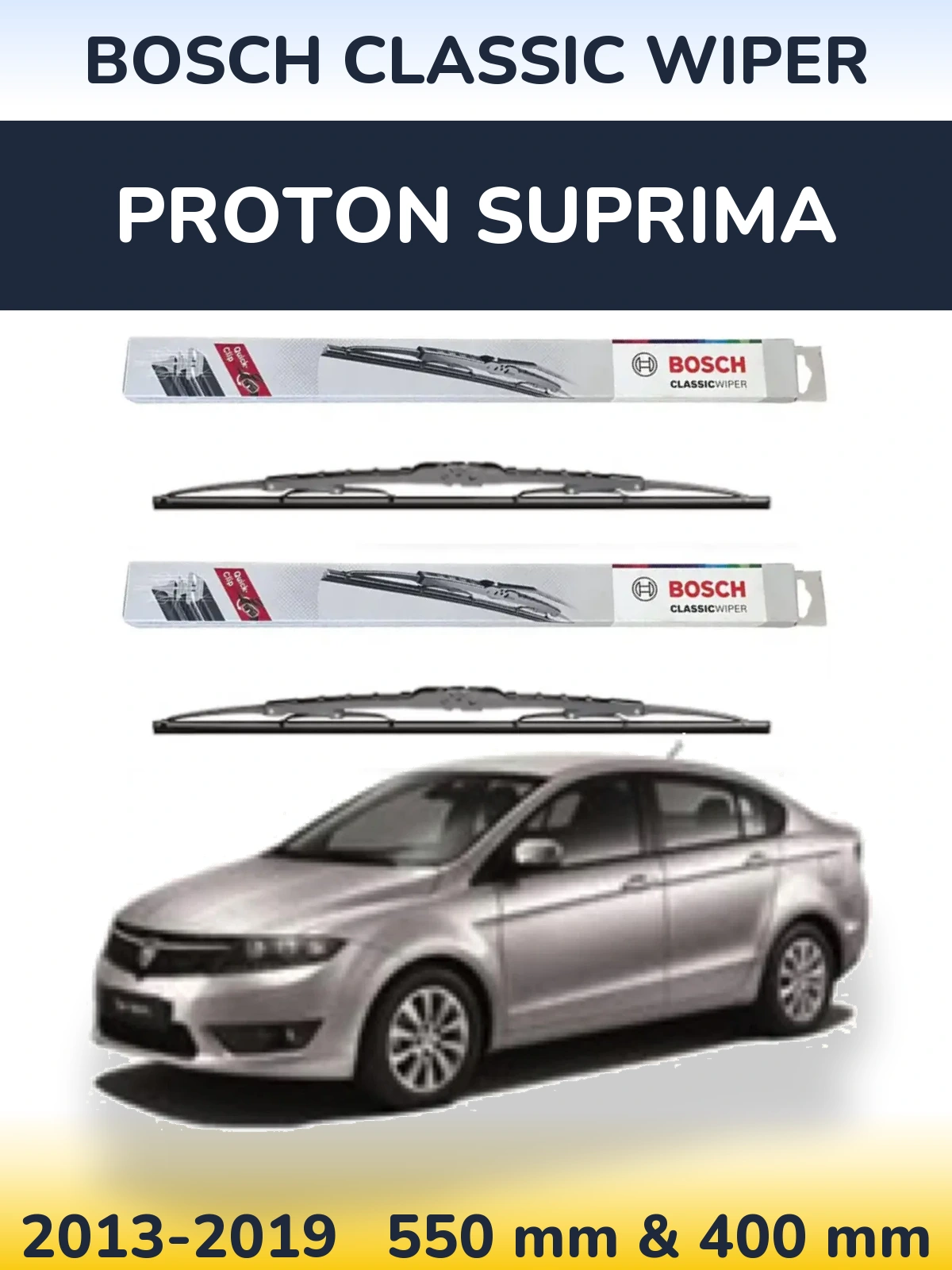 Front wiper blade set BOSCH Classic Wiper 550 & 400 mm for Proton Suprima 2013-2019