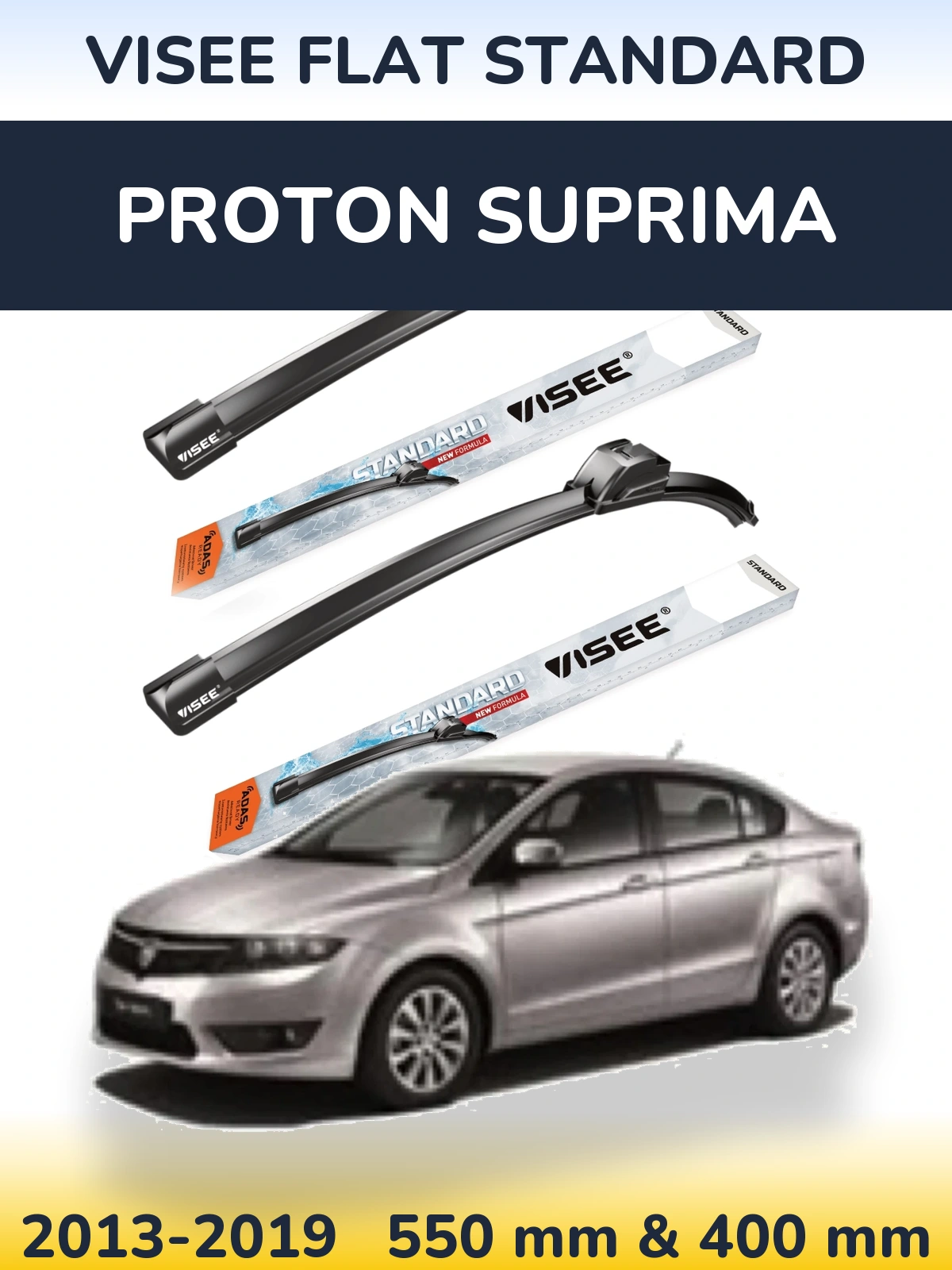 Front wiper blade set VISEE FLAT STANDARD 550 & 400 mm for Proton Suprima 2013-2019