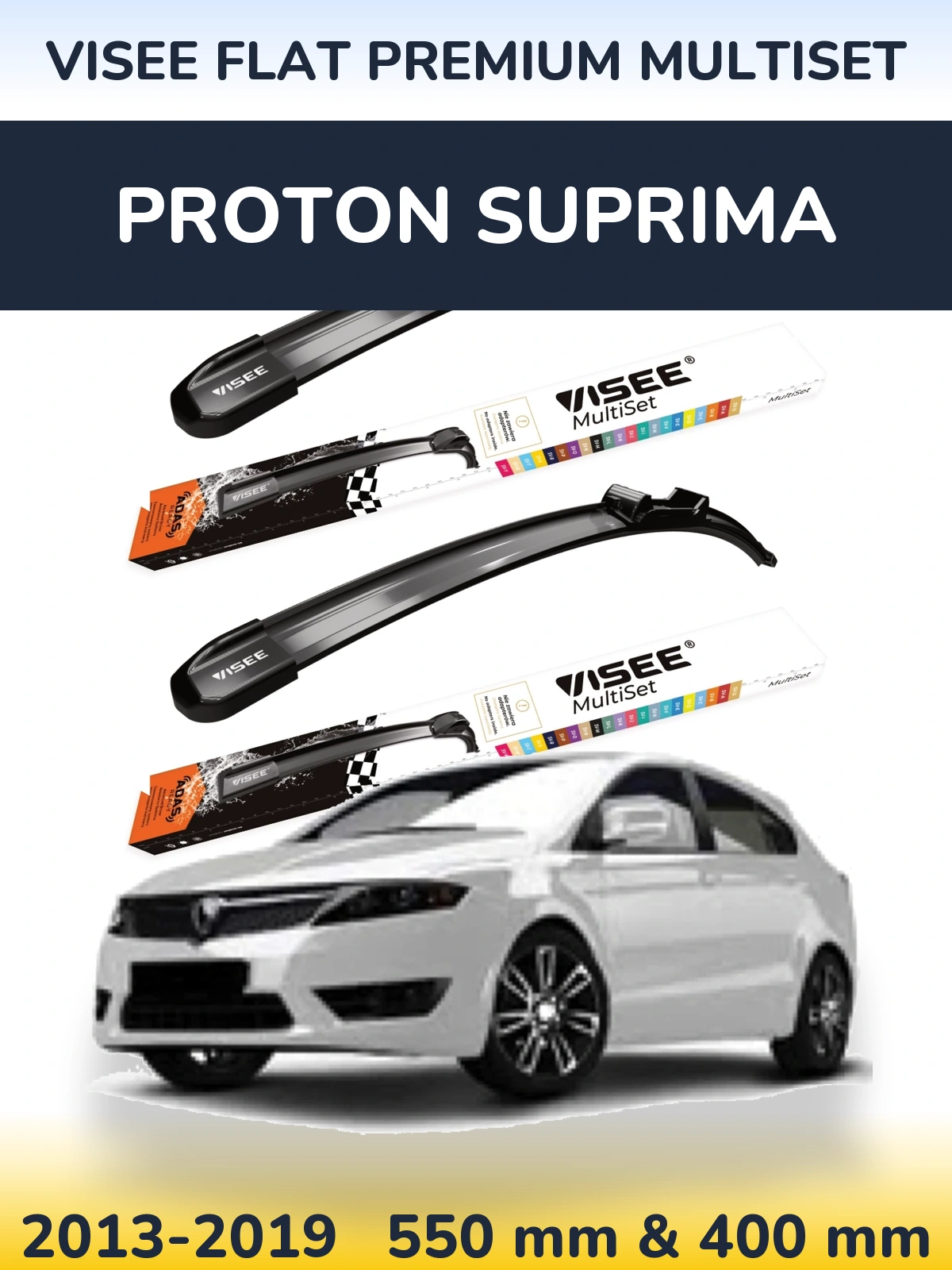 Front wiper blade set VISEE FLAT PREMIUM MultiSet 550 & 400 mm for Proton Suprima 2013-2019