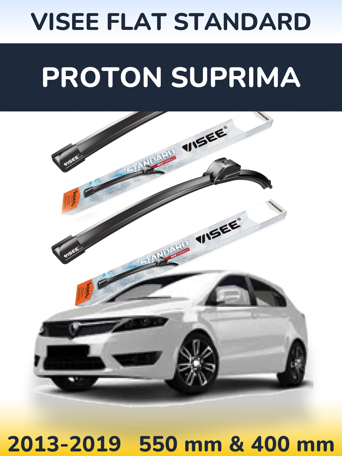 Front wiper blade set VISEE FLAT STANDARD 550 & 400 mm for Proton Suprima 2013-2019