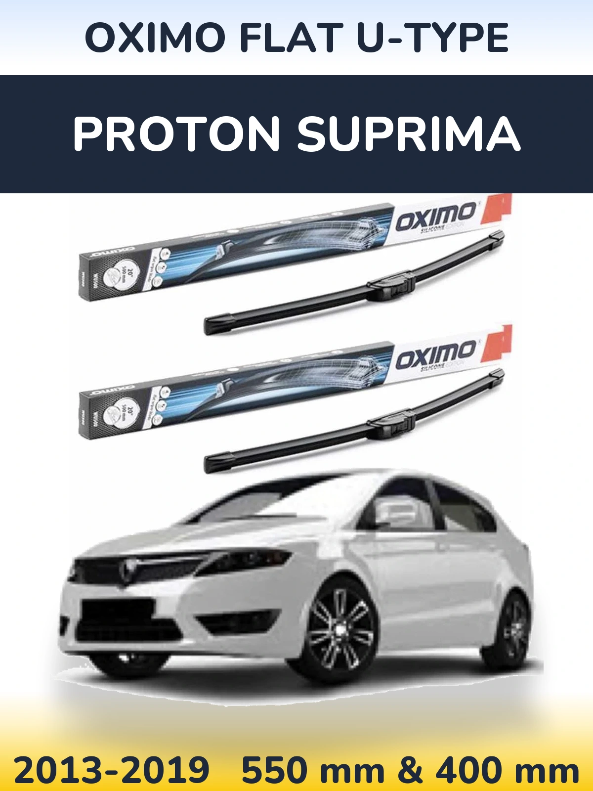 Front wiper blade set Oximo Flat U-type 550 & 400 mm for Proton Suprima 2013-2019