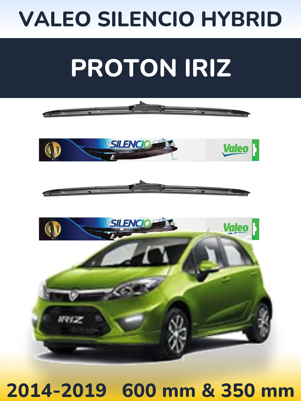 Front wiper blade set Valeo Silencio Hybrid 600 & 350 mm for Proton Iriz 2014-2019