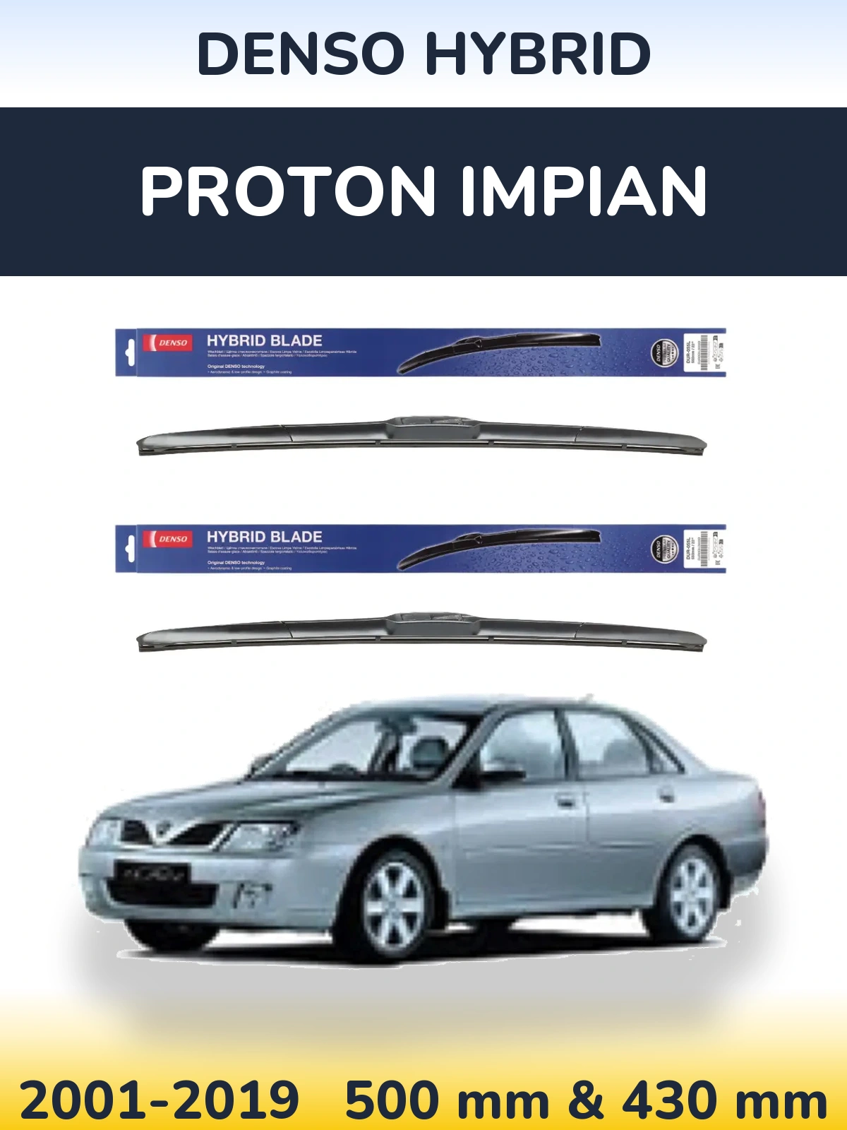 Комплект передних дворников Denso Hybrid 500 & 430 мм для Proton Impian 2001-2019