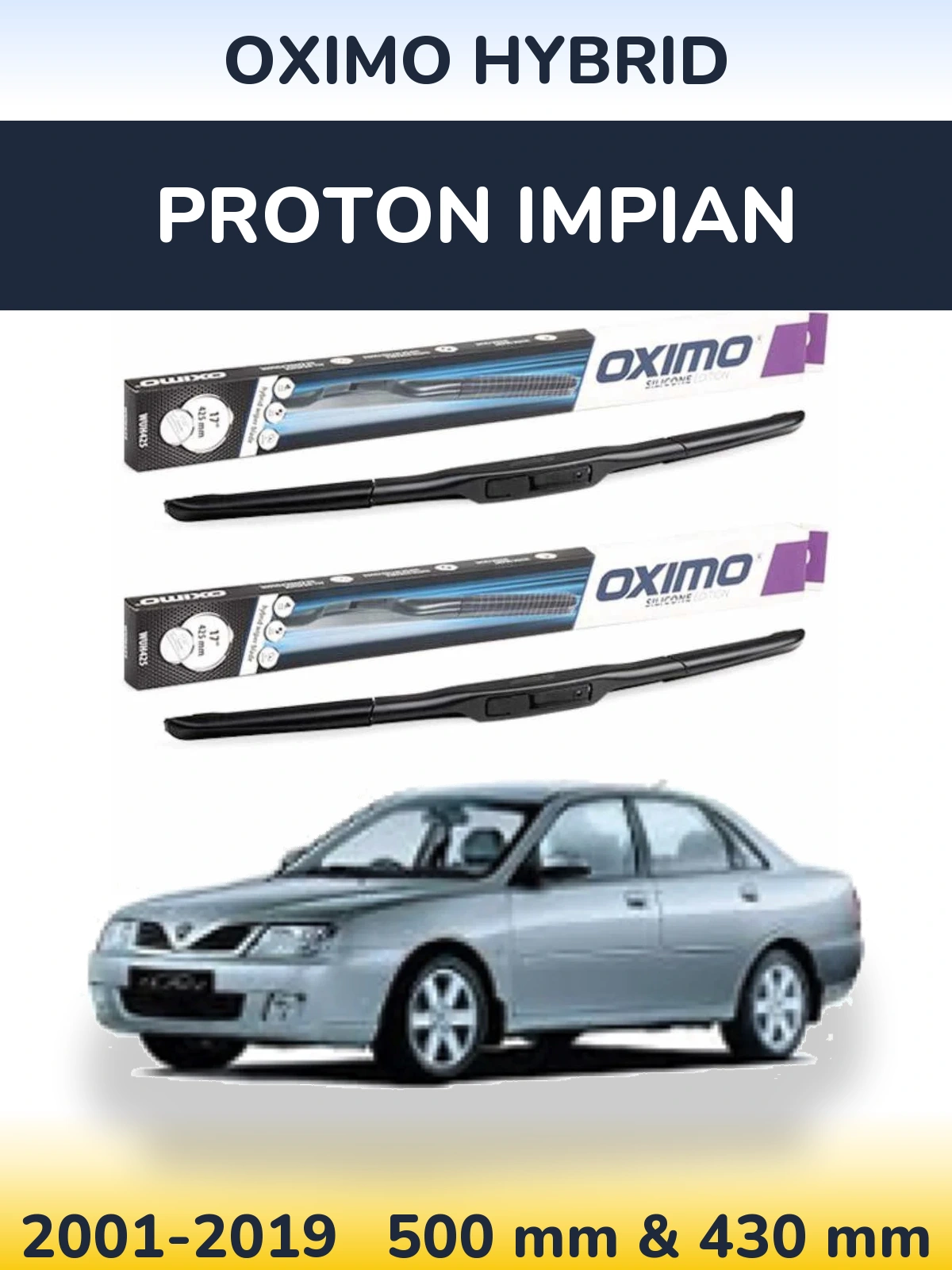 Front wiper blade set Oximo Hybrid 500 & 430 mm for Proton Impian 2001-2019