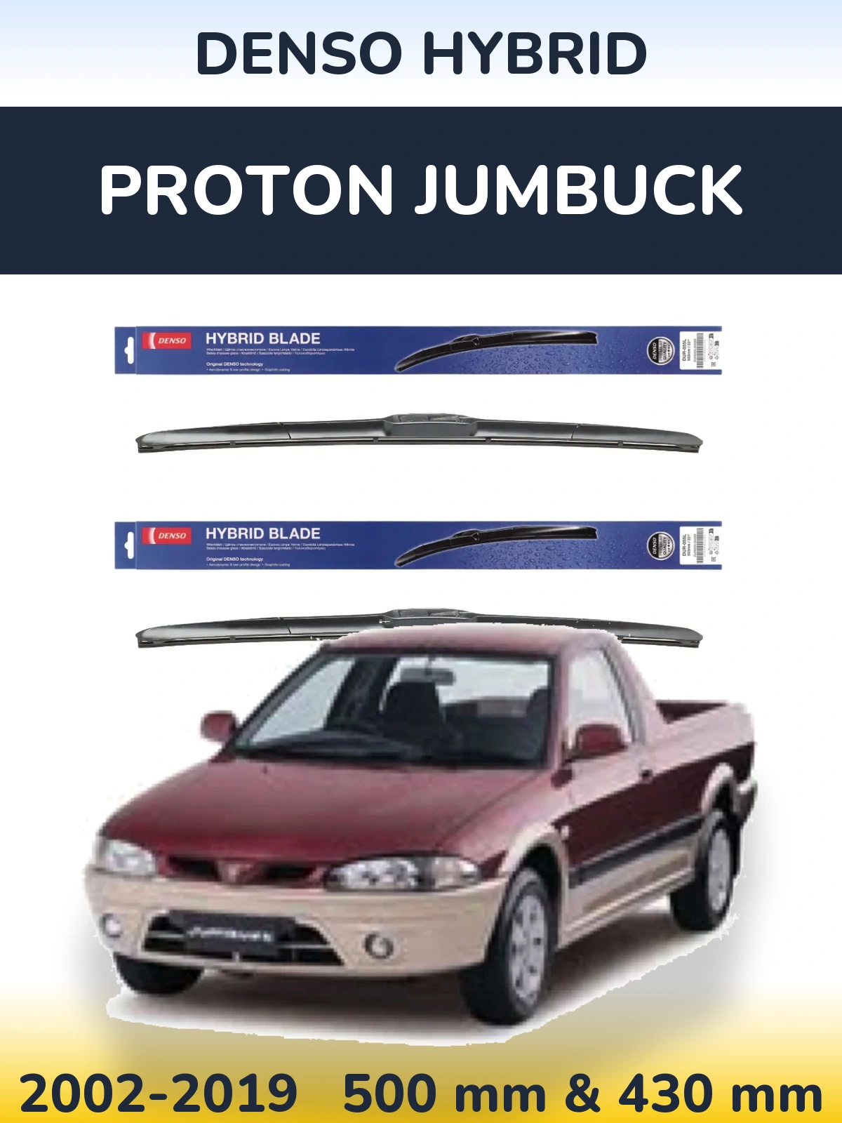 Front wiper blade set Denso Hybrid 500 & 430 mm for Proton Jumbuck 2002-2019