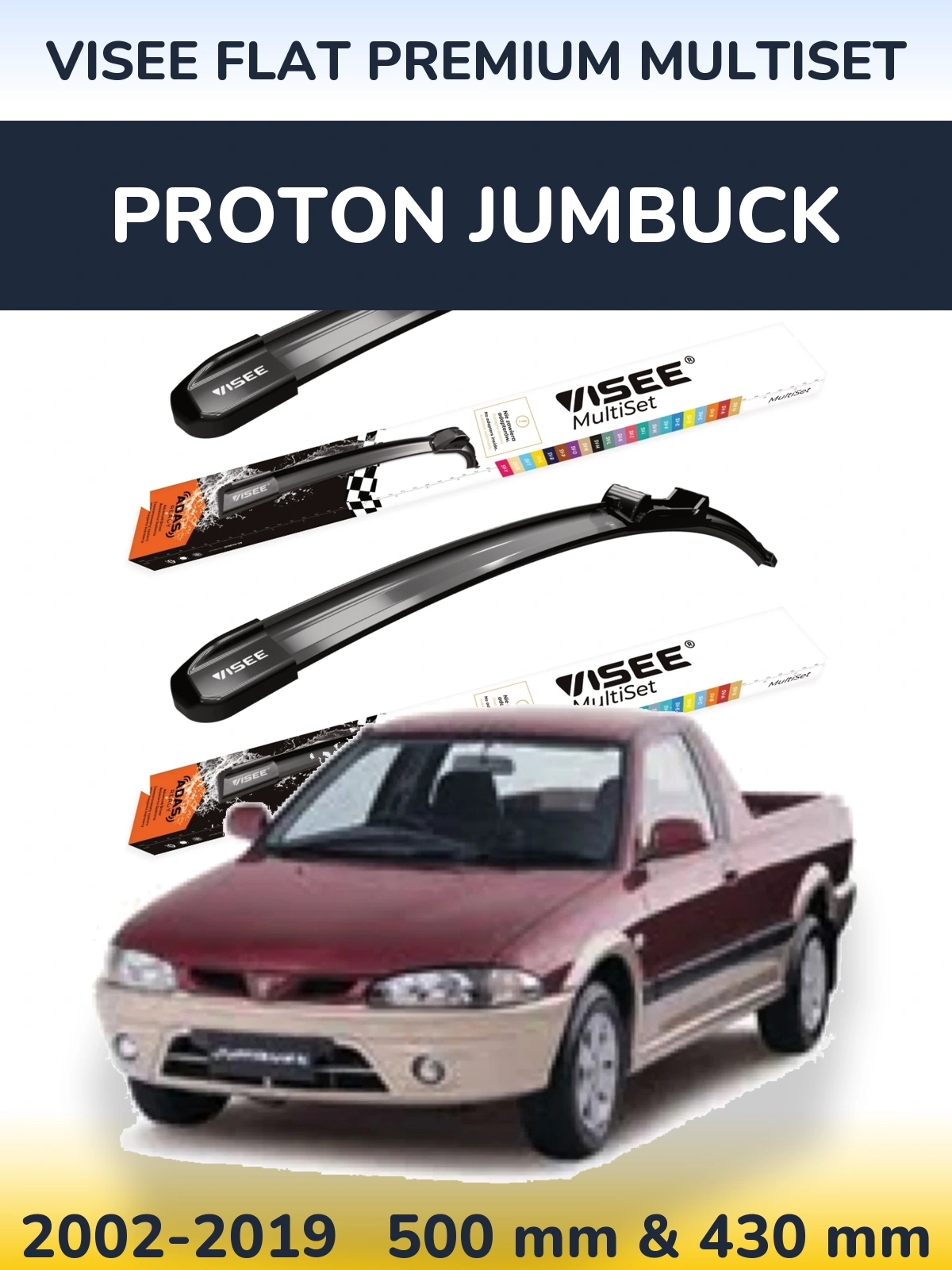 Front wiper blade set VISEE FLAT PREMIUM MultiSet 500 & 430 mm for Proton Jumbuck 2002-2019