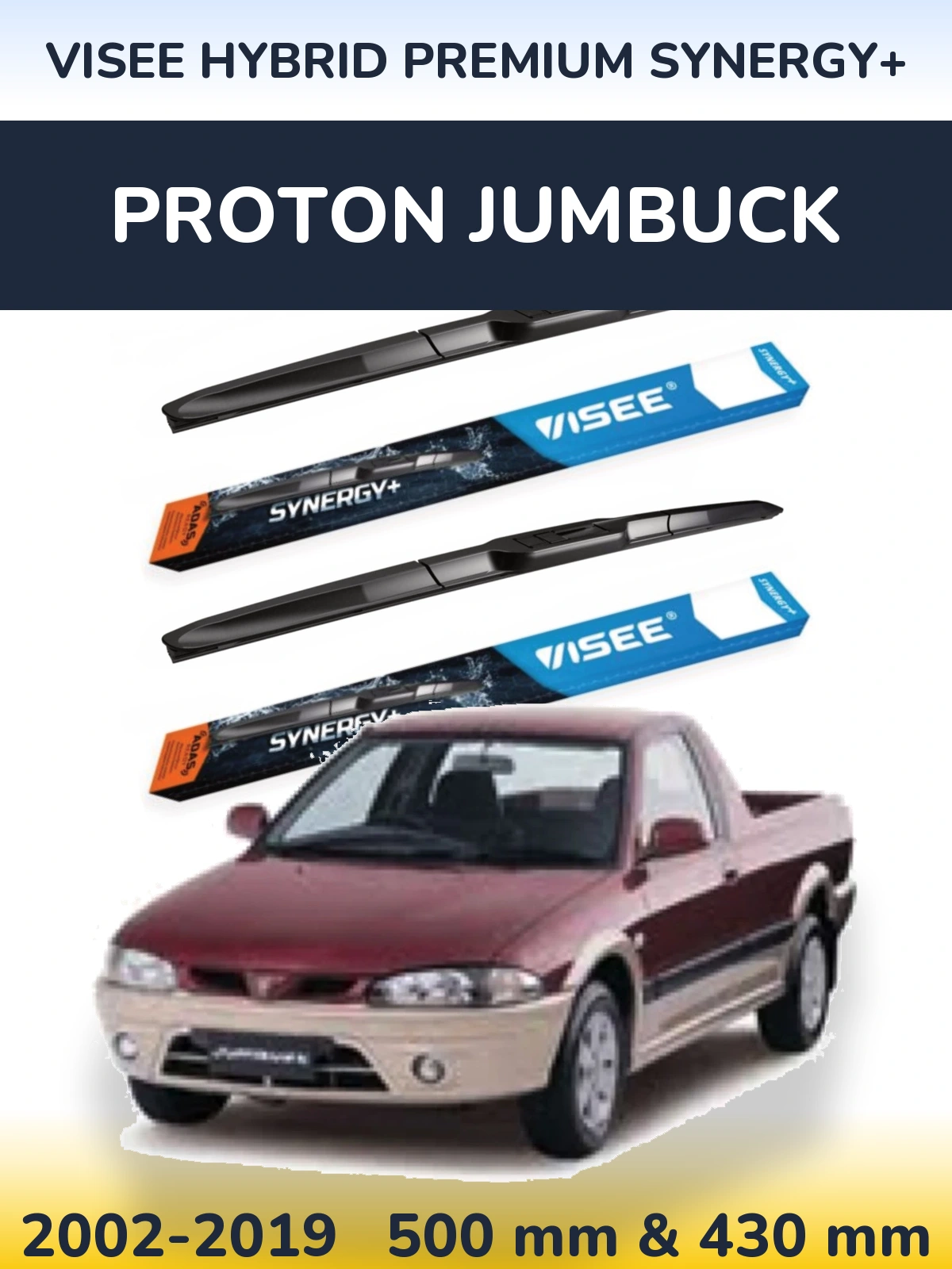 Front wiper blade set VISEE HYBRID PREMIUM SYNERGY+ 500 & 430 mm for Proton Jumbuck 2002-2019
