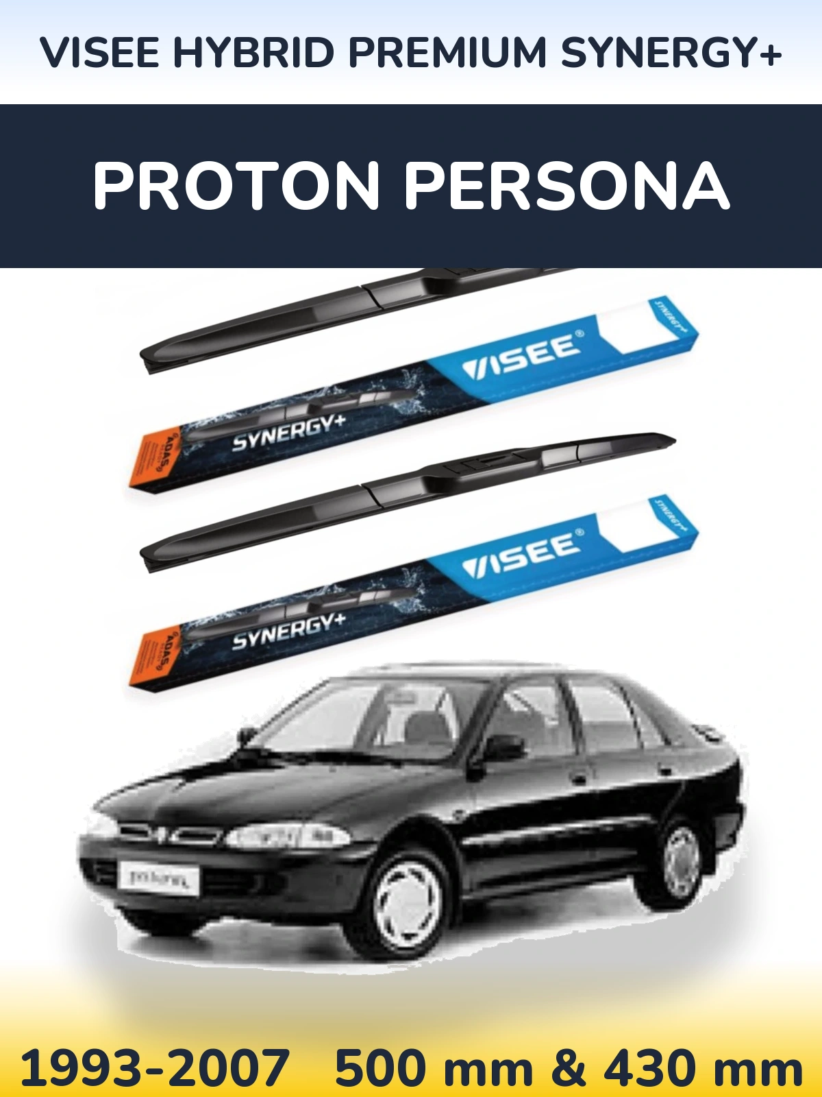 Front wiper blade set VISEE HYBRID PREMIUM SYNERGY+ 500 & 430 mm for Proton Persona 1993-2007