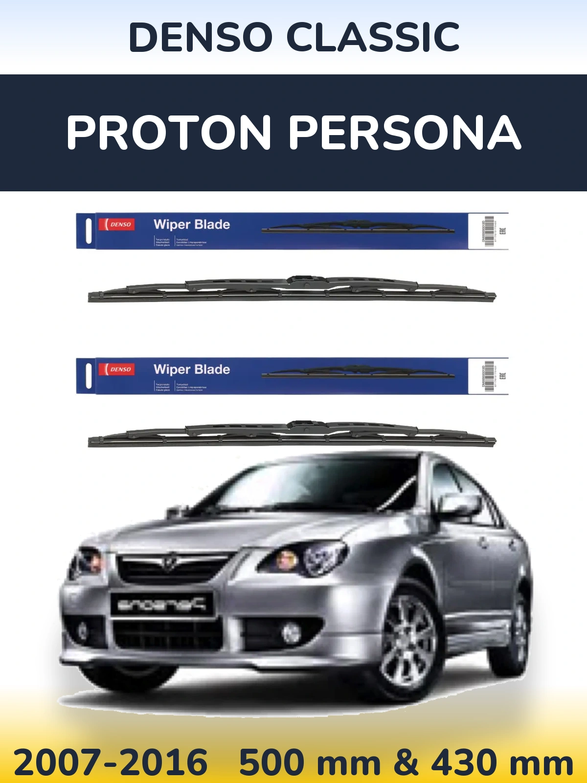 Front wiper blade set Denso Classic 500 & 430 mm for Proton Persona 2007-2016