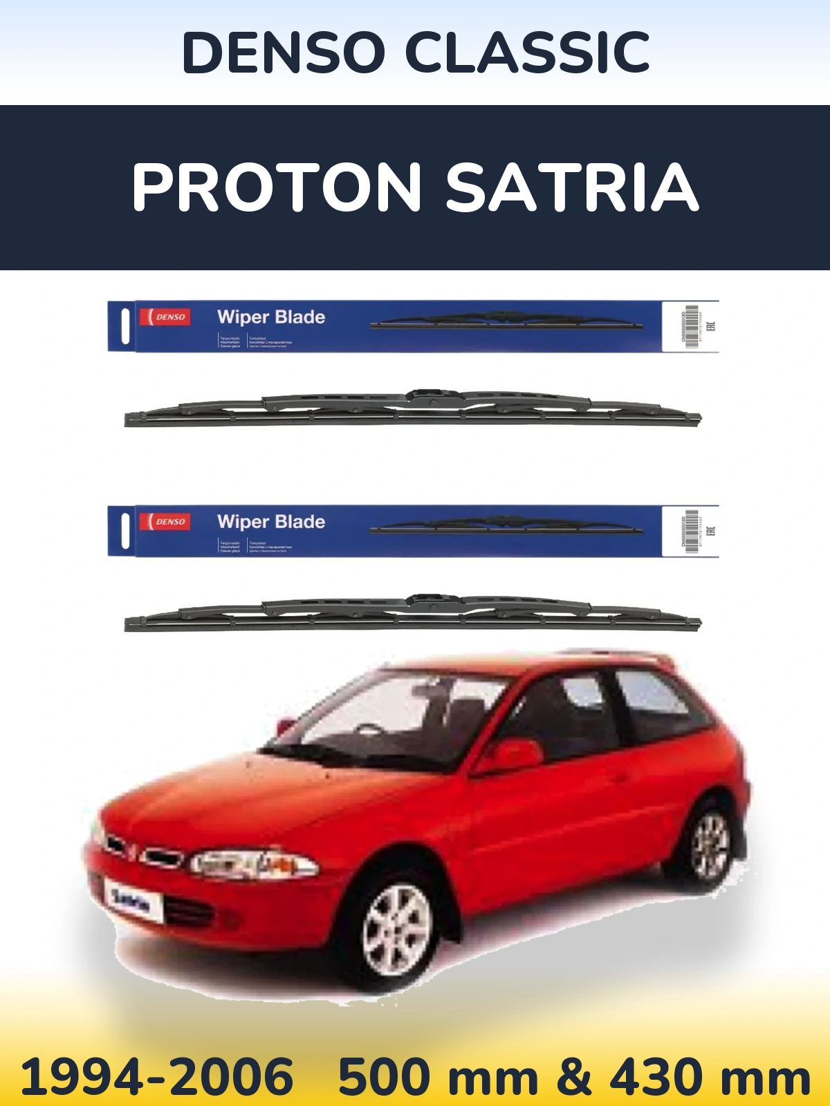 Front wiper blade set Denso Classic 500 & 430 mm for Proton Satria 1994-2006