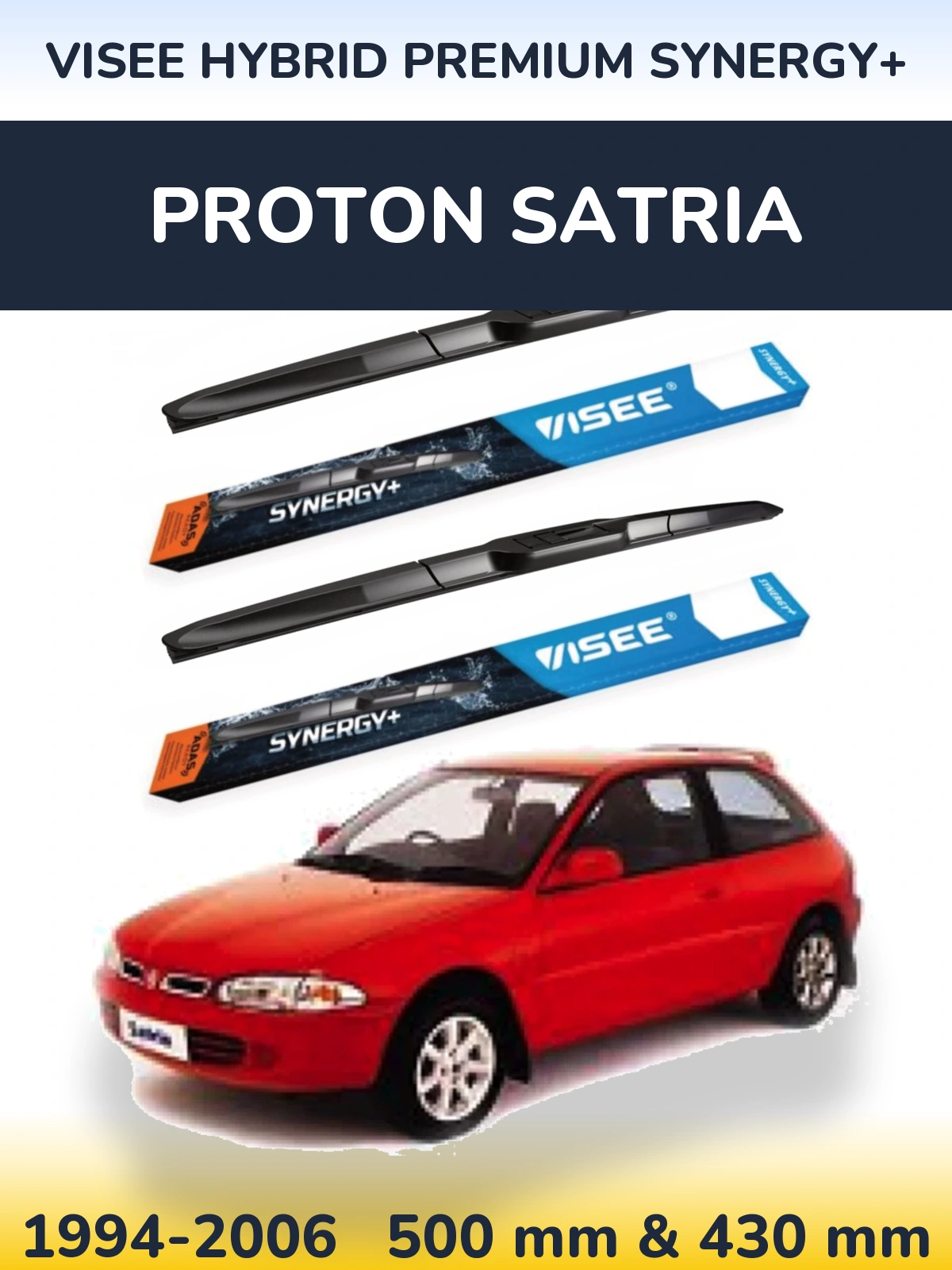 Front wiper blade set VISEE HYBRID PREMIUM SYNERGY+ 500 & 430 mm for Proton Satria 1994-2006