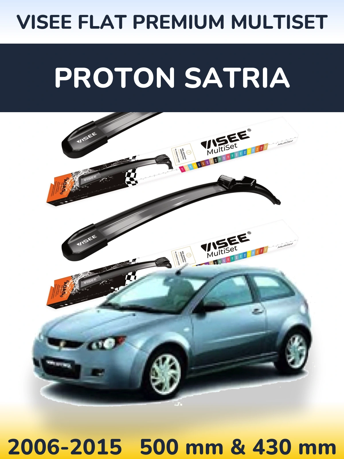 Front wiper blade set VISEE FLAT PREMIUM MultiSet 500 & 430 mm for Proton Satria 2006-2015