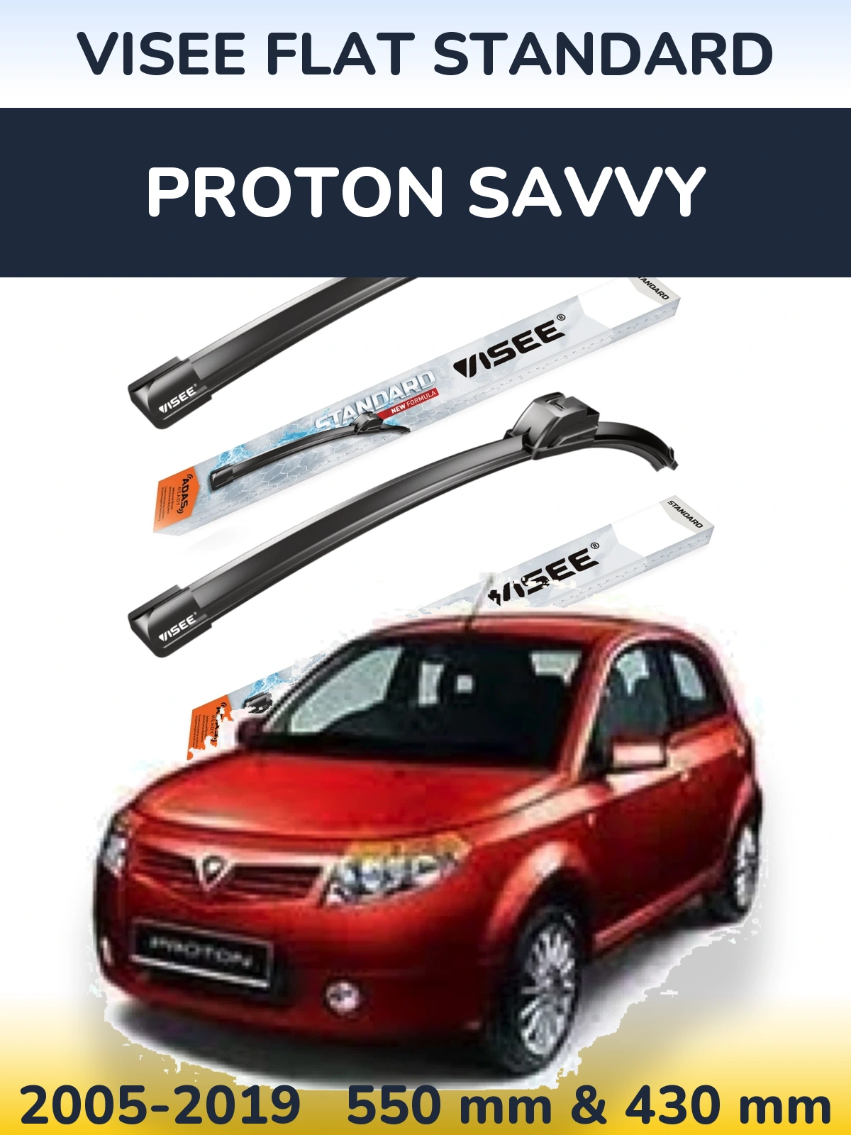 Front wiper blade set VISEE FLAT STANDARD 550 & 430 mm for Proton Savvy 2005-2019