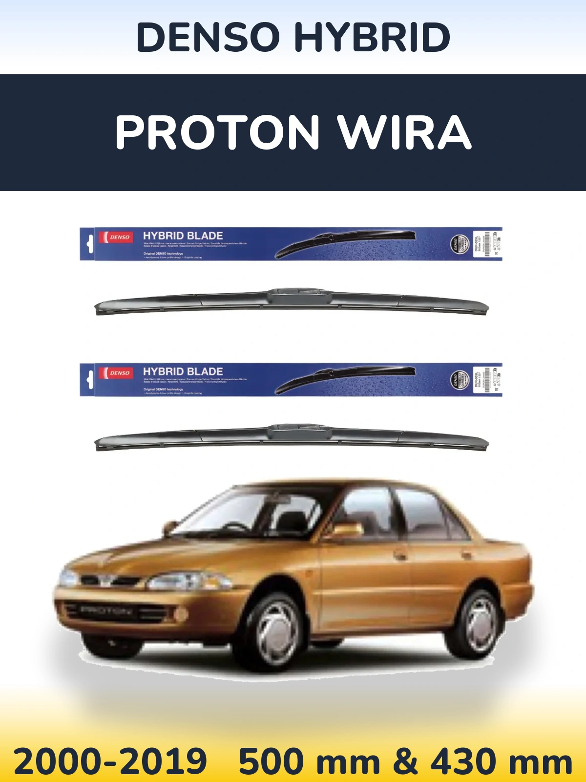 Front wiper blade set Denso Hybrid 500 & 430 mm for Proton Wira 2000-2019
