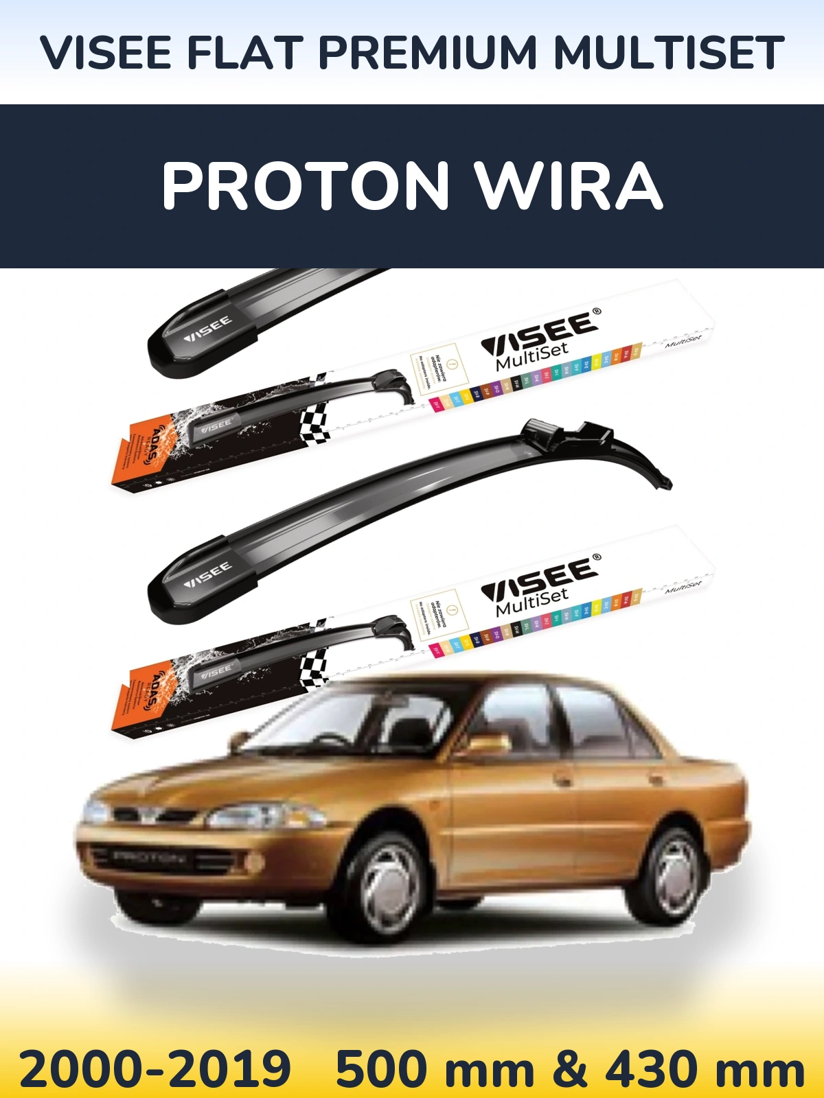 Front wiper blade set VISEE FLAT PREMIUM MultiSet 500 & 430 mm for Proton Wira 2000-2019