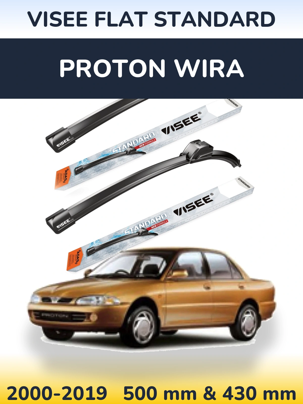 Front wiper blade set VISEE FLAT STANDARD 500 & 430 mm for Proton Wira 2000-2019