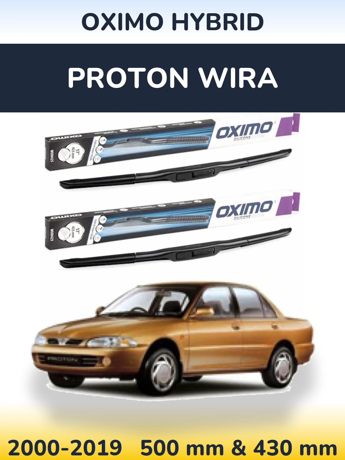 Front wiper blade set Oximo Hybrid 500 & 430 mm for Proton Wira 2000-2019