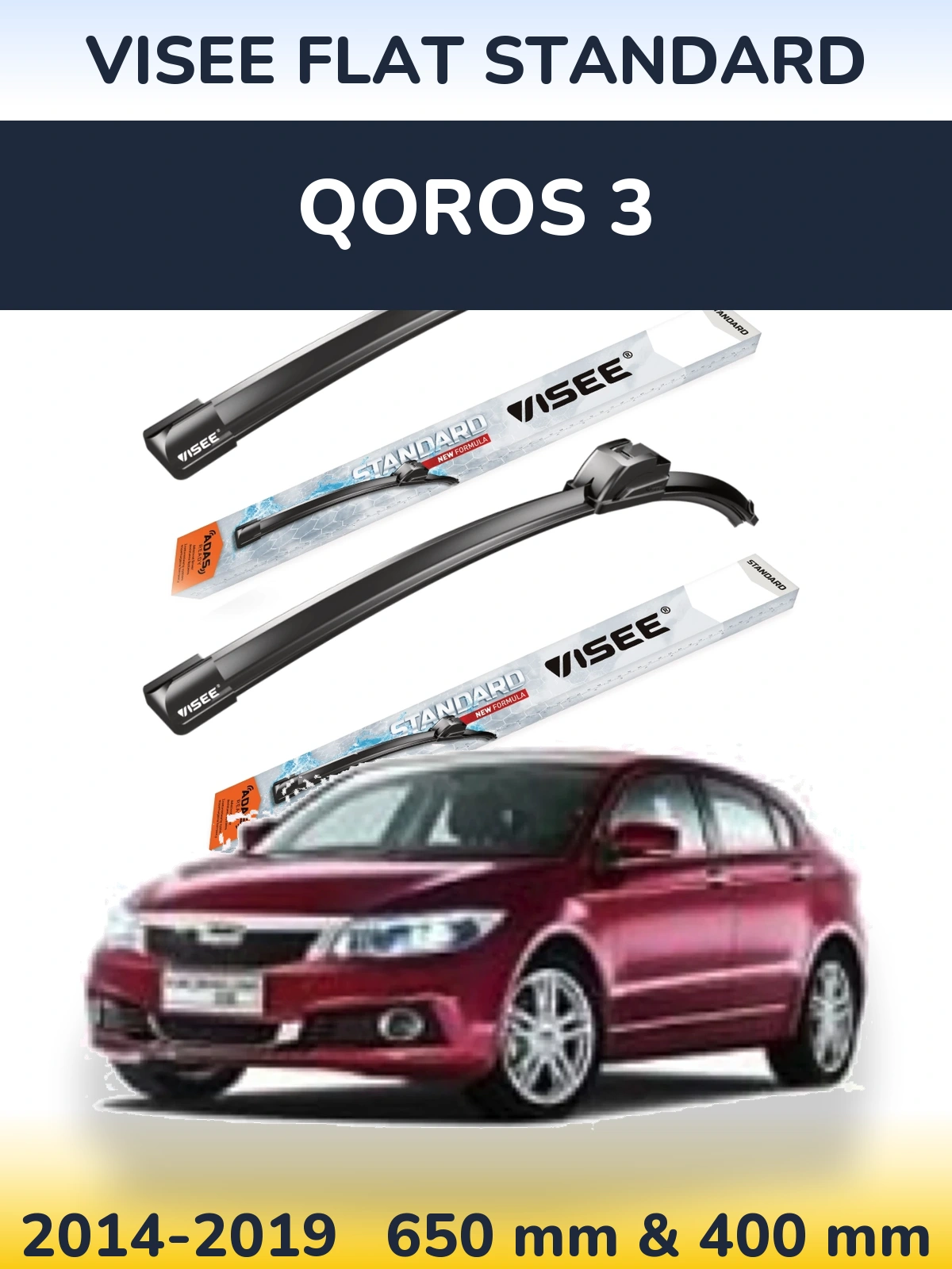 Front wiper blade set VISEE FLAT STANDARD 650 & 400 mm for Qoros 3 2014-2019