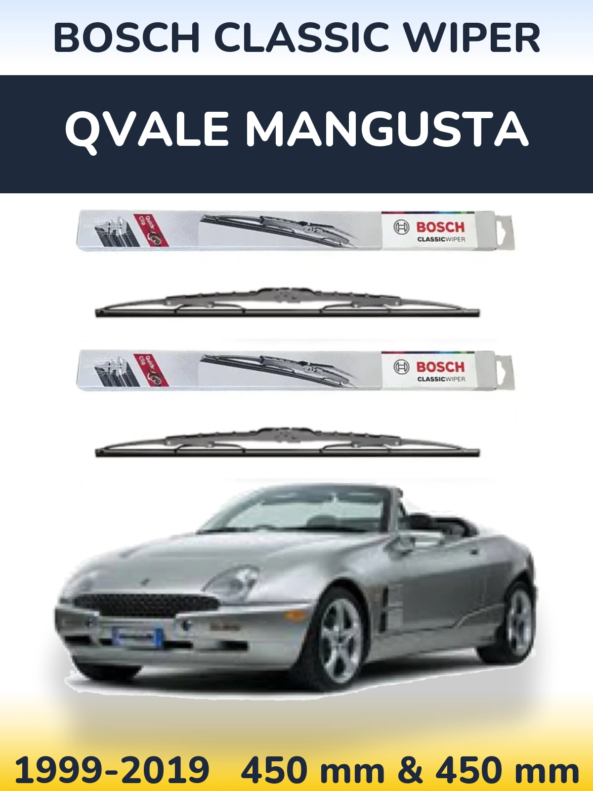 Front wiper blade set BOSCH Classic Wiper 450 & 450 mm for Qvale Mangusta 1999-2019