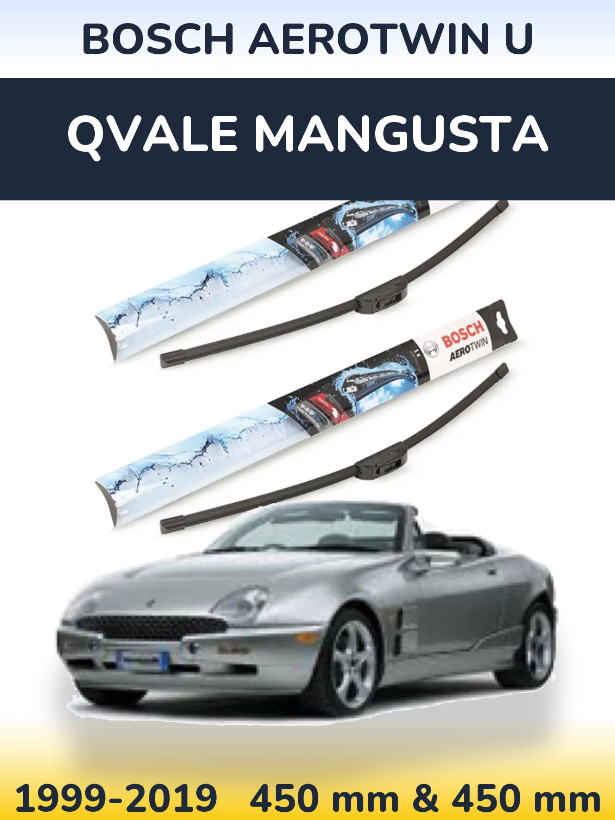 Front wiper blade set BOSCH AeroTwin U 450 & 450 mm for Qvale Mangusta 1999-2019