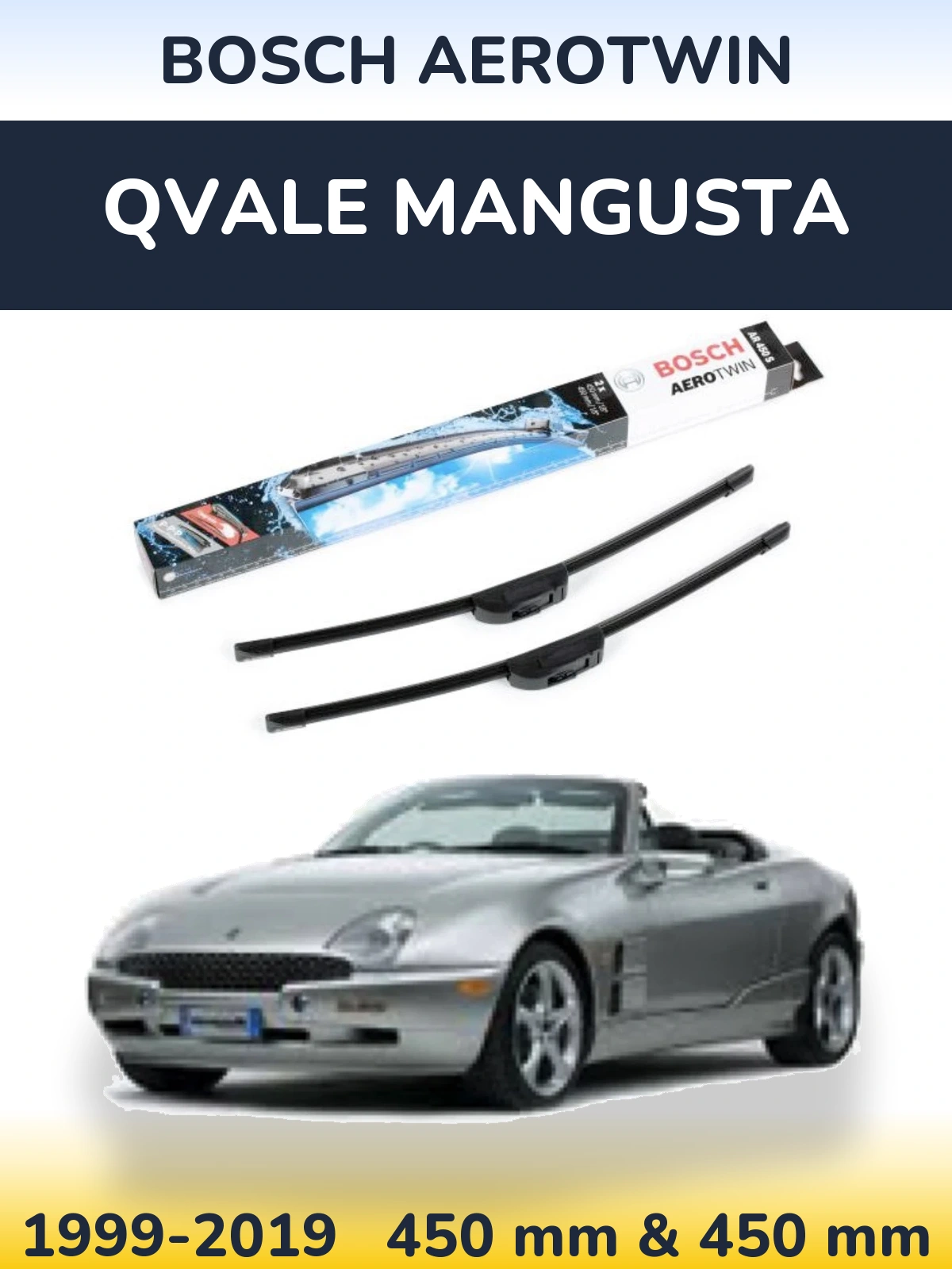 Front wiper blade set BOSCH AeroTwin 450 & 450 mm for Qvale Mangusta 1999-2019