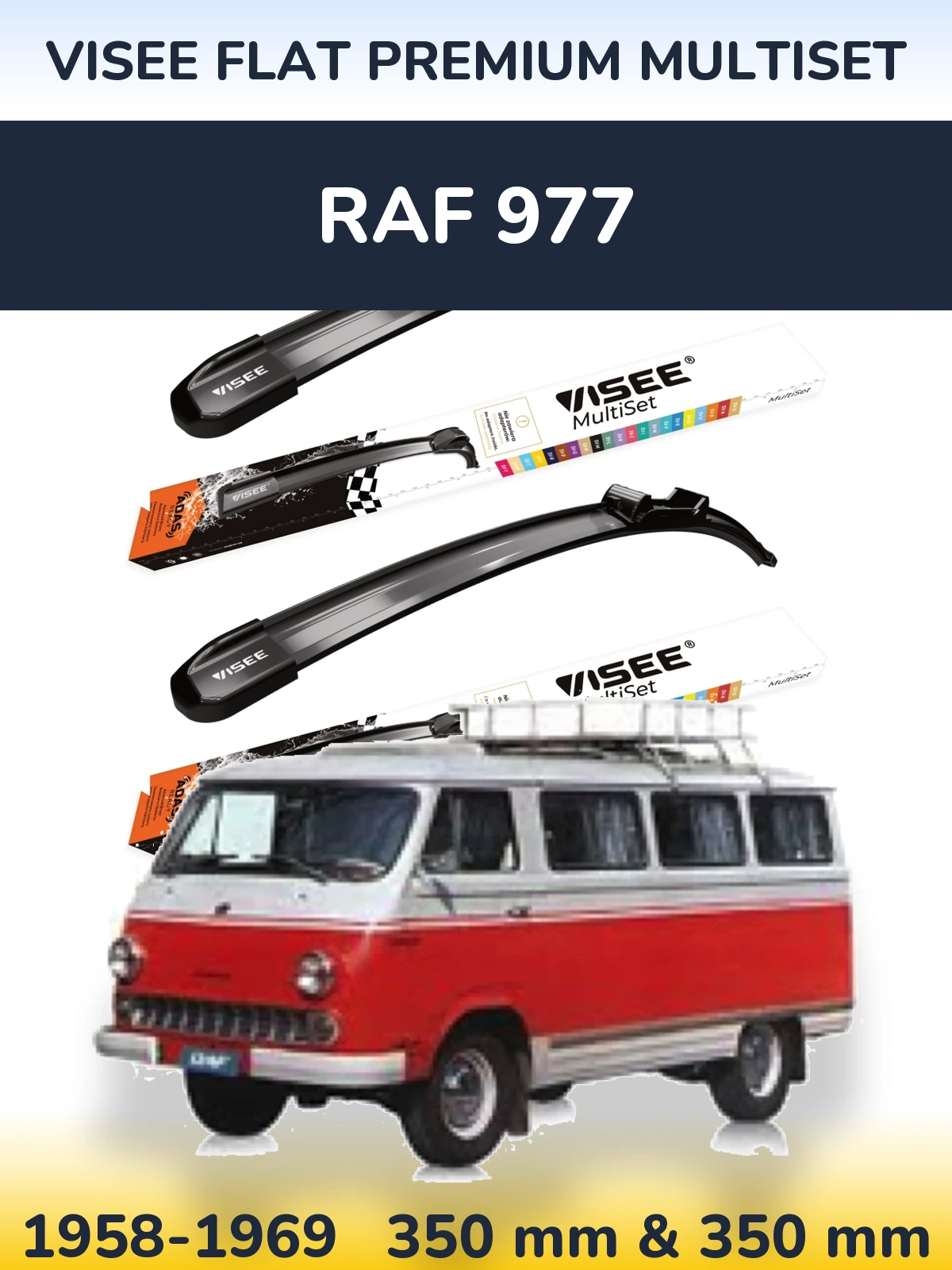 Front wiper blade set VISEE FLAT PREMIUM MultiSet 350 & 350 mm for RAF 977 1958-1969