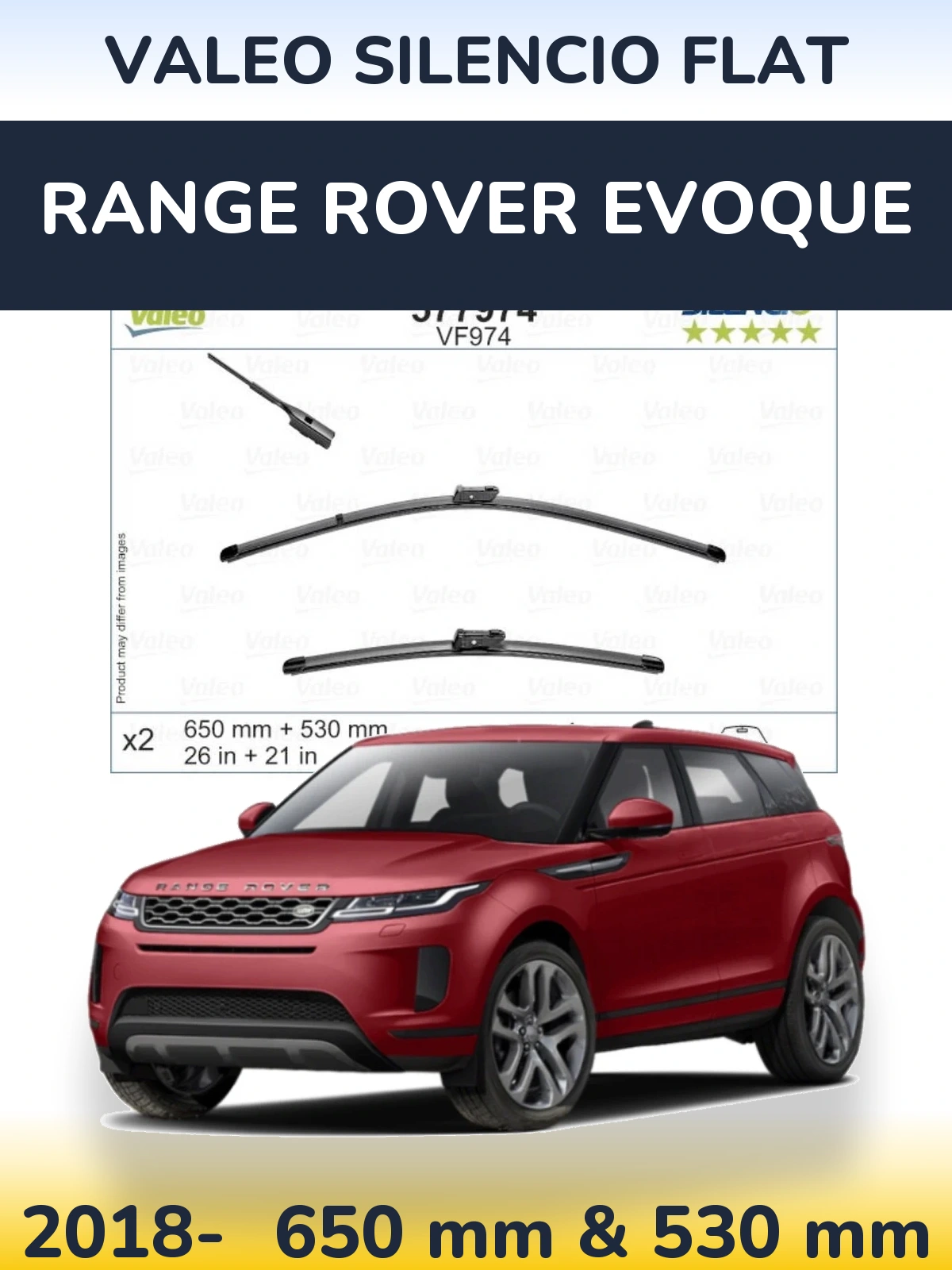 Front wiper blade set Valeo Silencio Flat 650 & 530 mm for Range Rover Evoque 2018-2026