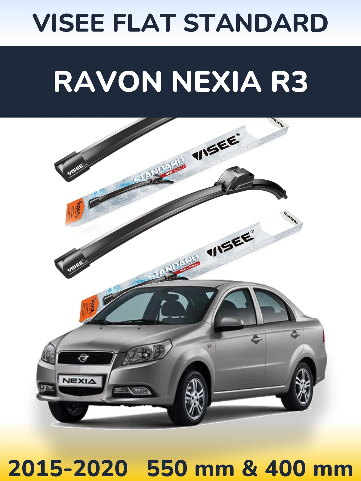Front wiper blade set VISEE FLAT STANDARD 550 & 400 mm for Ravon Nexia R3 2015-2020