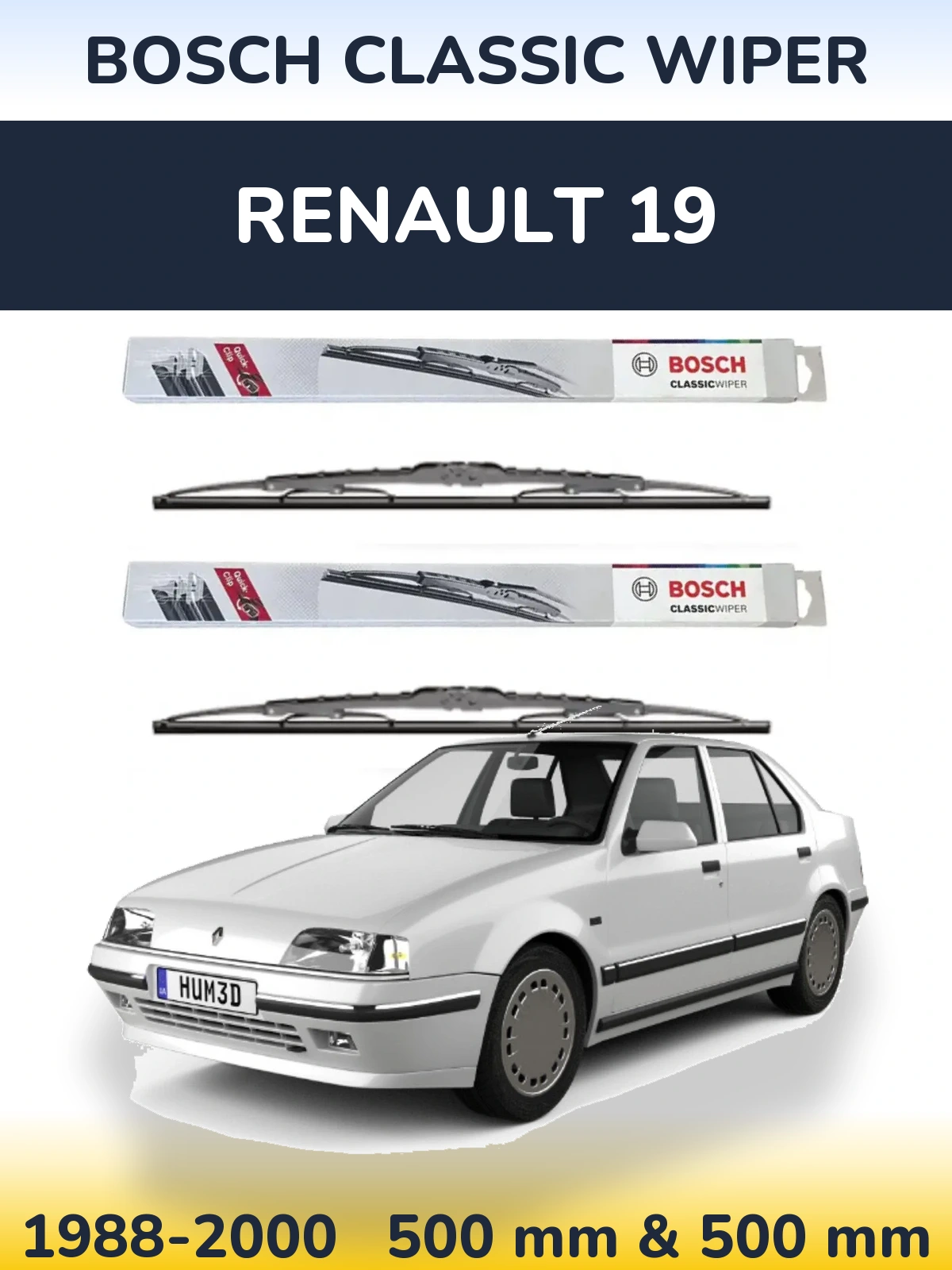 Front wiper blade set BOSCH Classic Wiper 500 & 500 mm for Renault 19 1988-2000