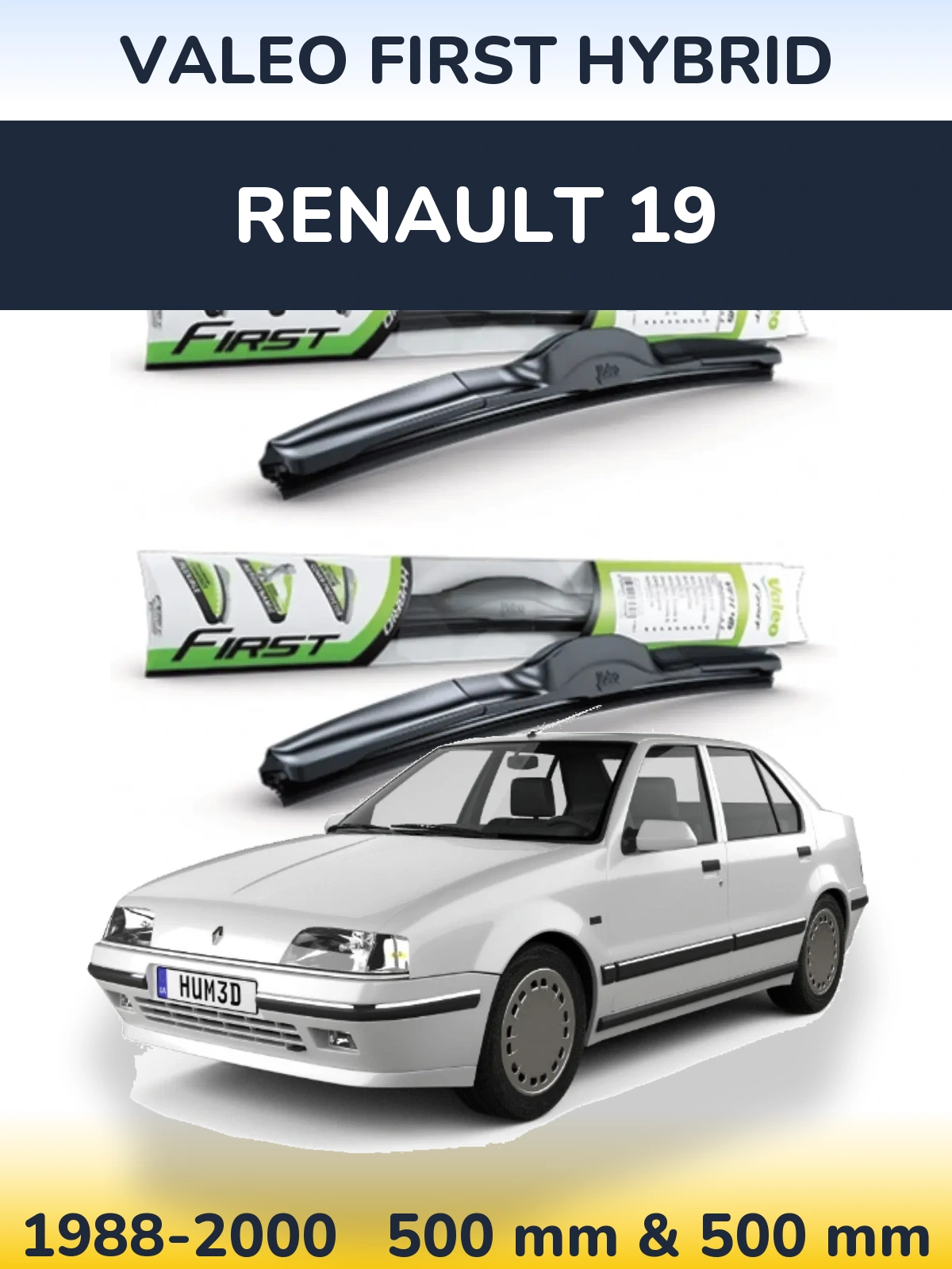 Front wiper blade set Valeo First Hybrid 500 & 500 mm for Renault 19 1988-2000
