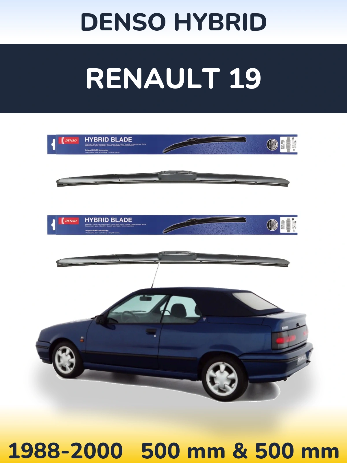 Front wiper blade set Denso Hybrid 500 & 500 mm for Renault 19 1988-2000