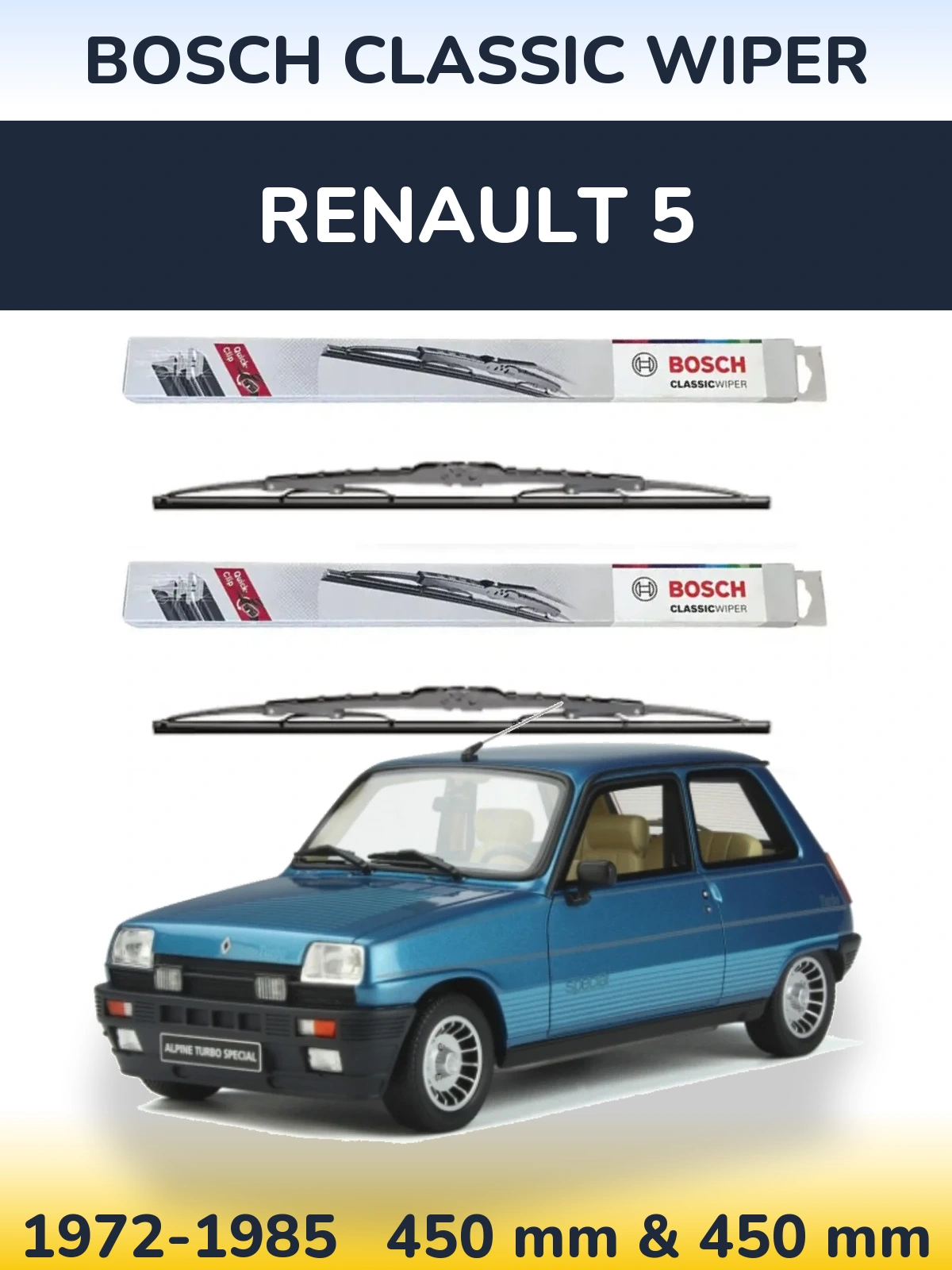 Front wiper blade set BOSCH Classic Wiper 450 & 450 mm for Renault 5 1972-1985