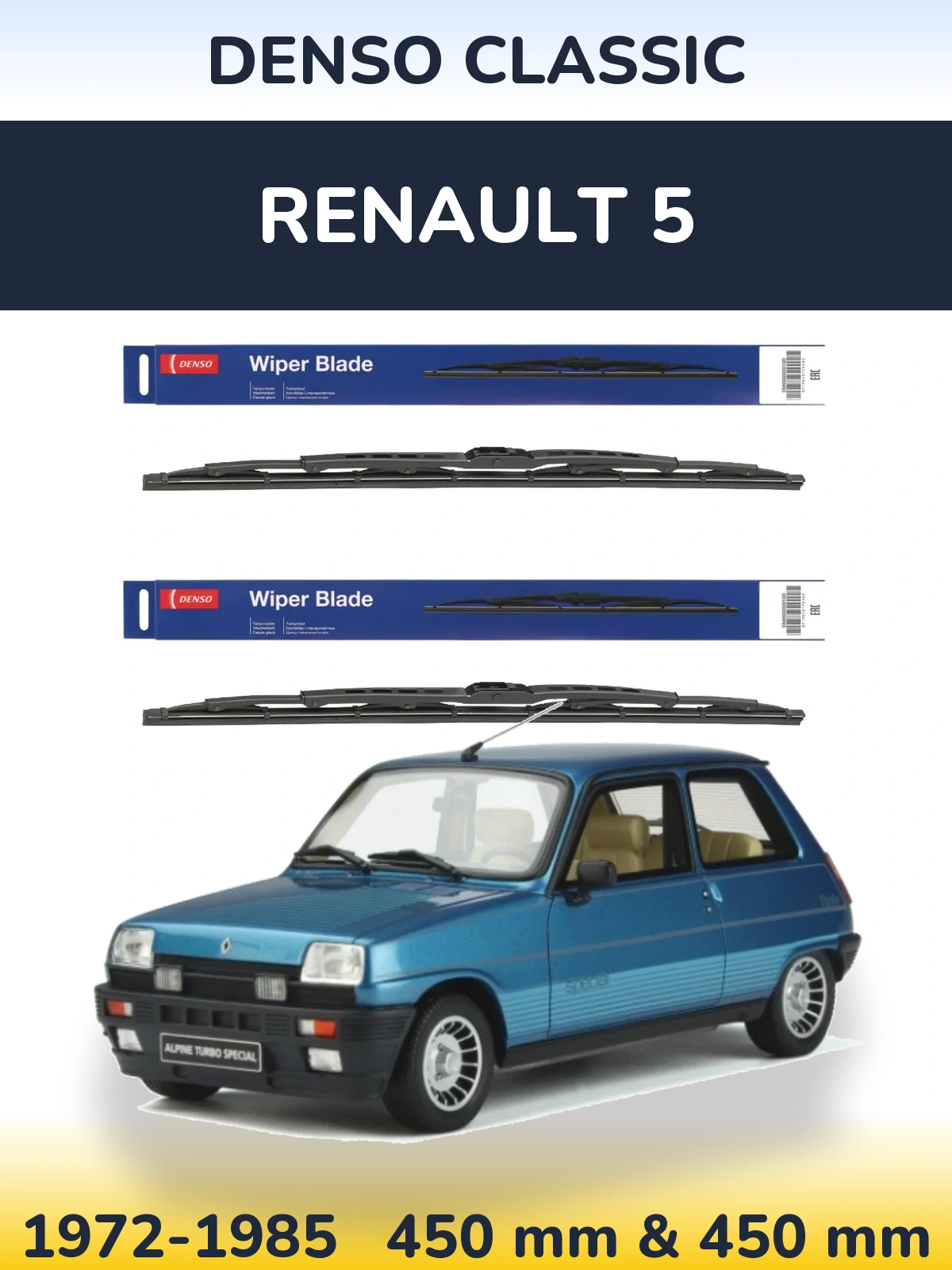Front wiper blade set Denso Classic 450 & 450 mm for Renault 5 1972-1985