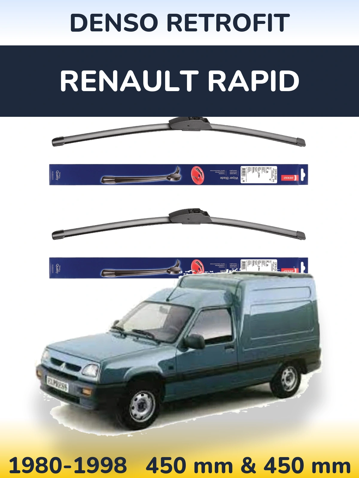 Front wiper blade set Denso Retrofit 450 & 450 mm for Renault Rapid 1980-1998