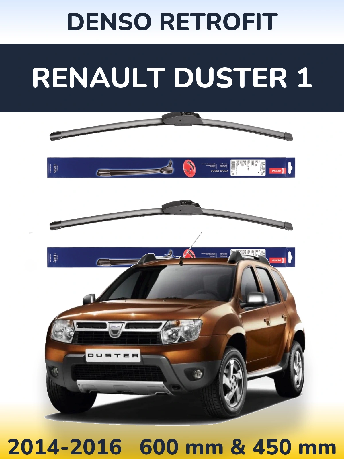 Front wiper blade set Denso Retrofit 600 & 450 mm for Renault Duster 1 2014-2016