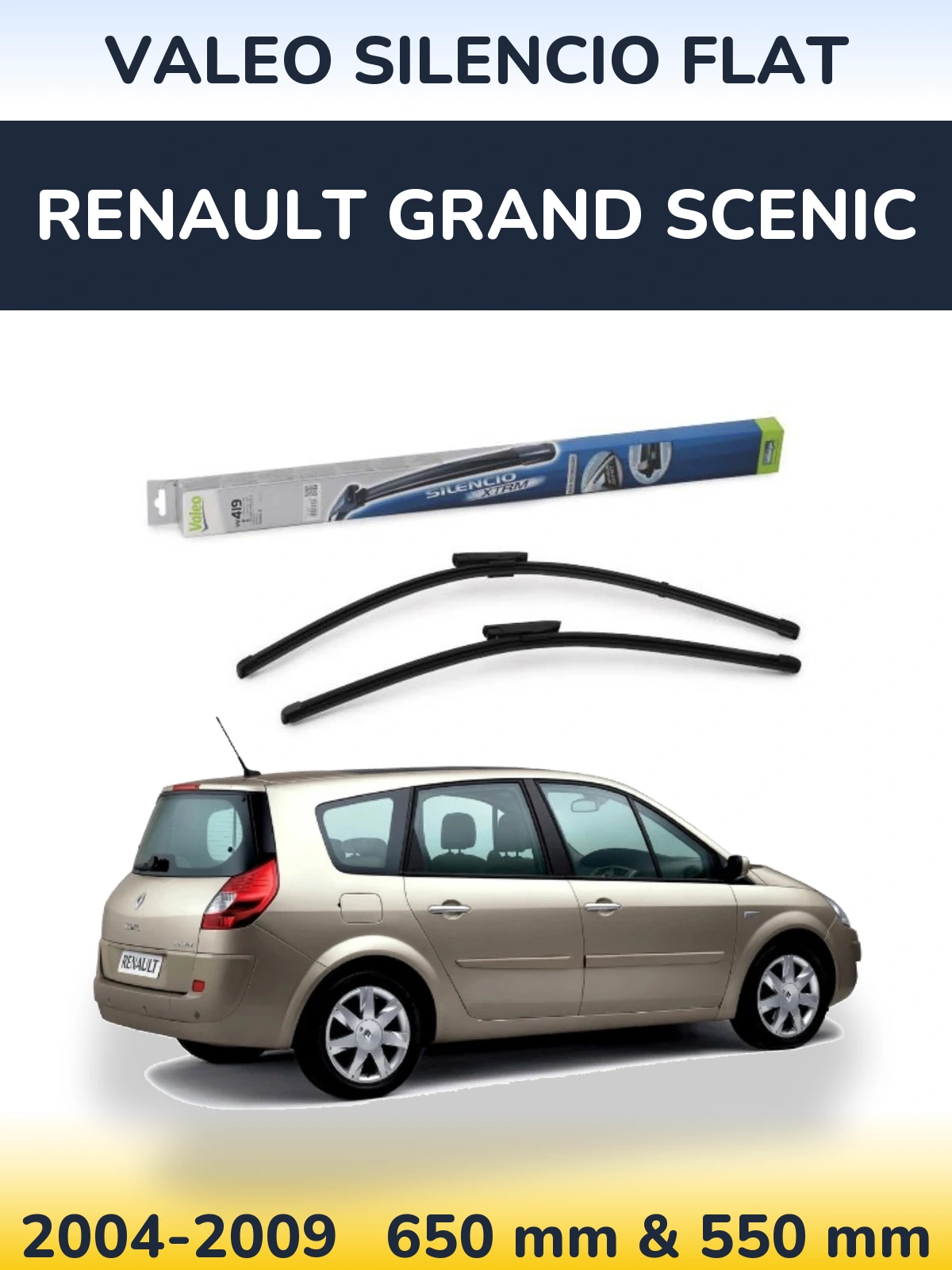 Front wiper blade set Valeo Silencio Flat 650 & 550 mm for Renault Grand Scenic 2004-2009