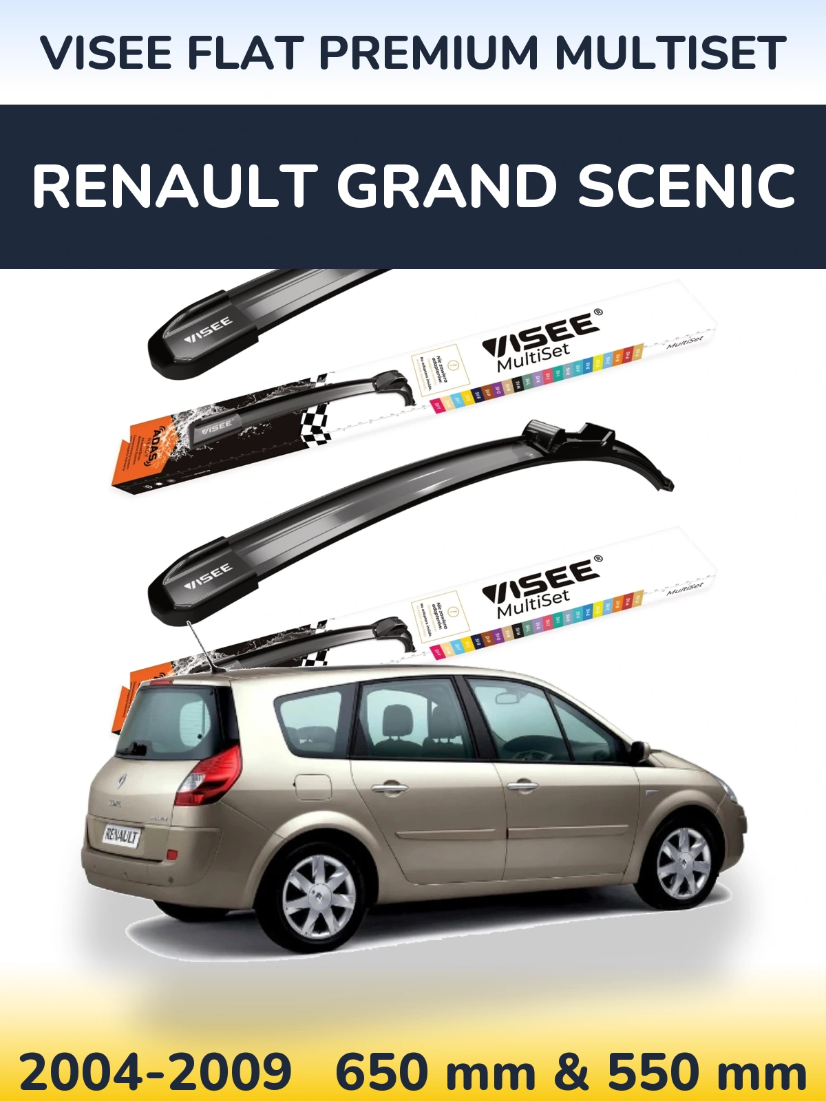 Front wiper blade set VISEE FLAT PREMIUM MultiSet 650 & 550 mm for Renault Grand Scenic 2004-2009